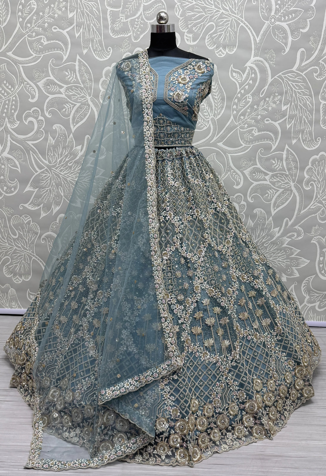 Fascinating Blue Thread Work Net Designer Lehenga Choli With Dupatta - Zeel Clothing