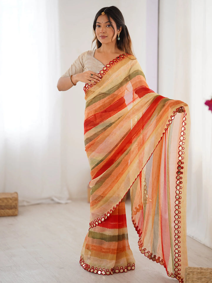 Fascinating Coral Red Leheriya Printed Chiffon Wedding Wear Saree - Zeel Clothing