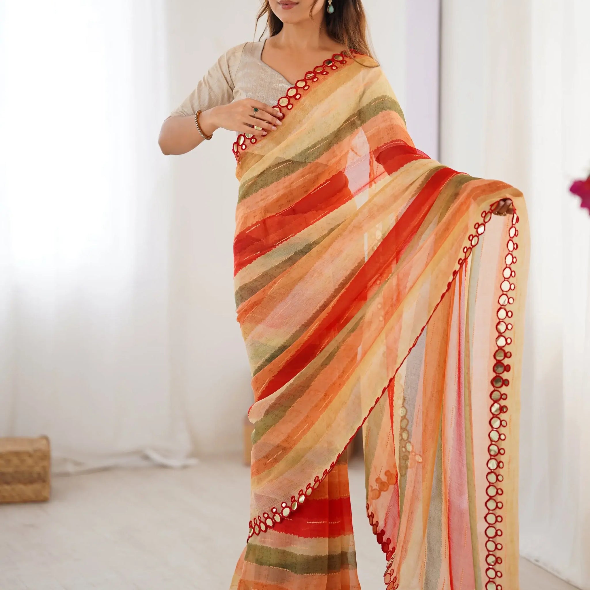 Fascinating Coral Red Leheriya Printed Chiffon Wedding Wear Saree - Zeel Clothing