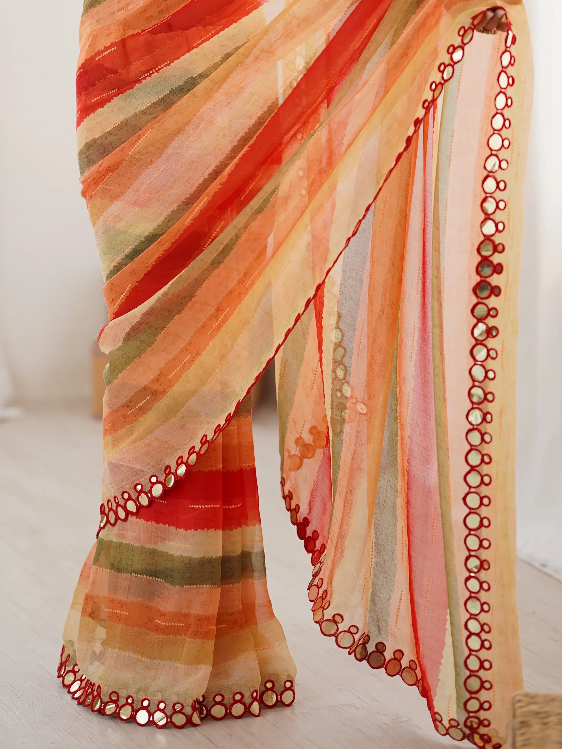 Fascinating Coral Red Leheriya Printed Chiffon Wedding Wear Saree - Zeel Clothing