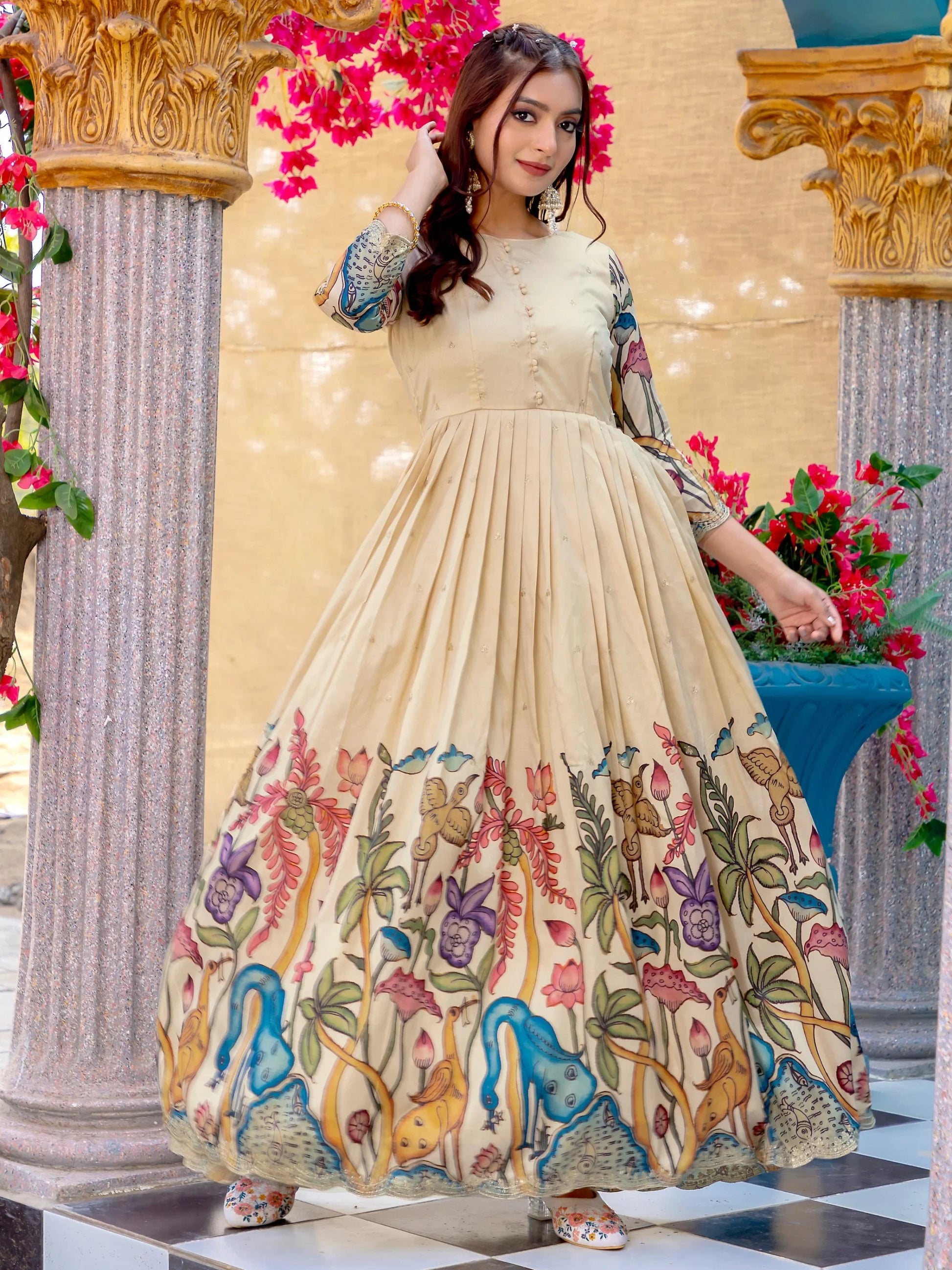 Fascinating Cream Digital Printed Silk Festive Wear Gown - Zeel Clothing