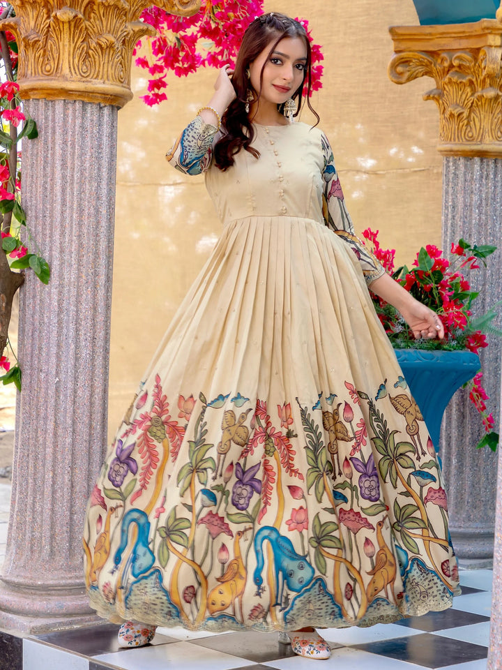 Fascinating Cream Digital Printed Silk Festive Wear Gown - Zeel Clothing