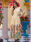 Fascinating Cream Digital Printed Silk Festive Wear Gown - Zeel Clothing