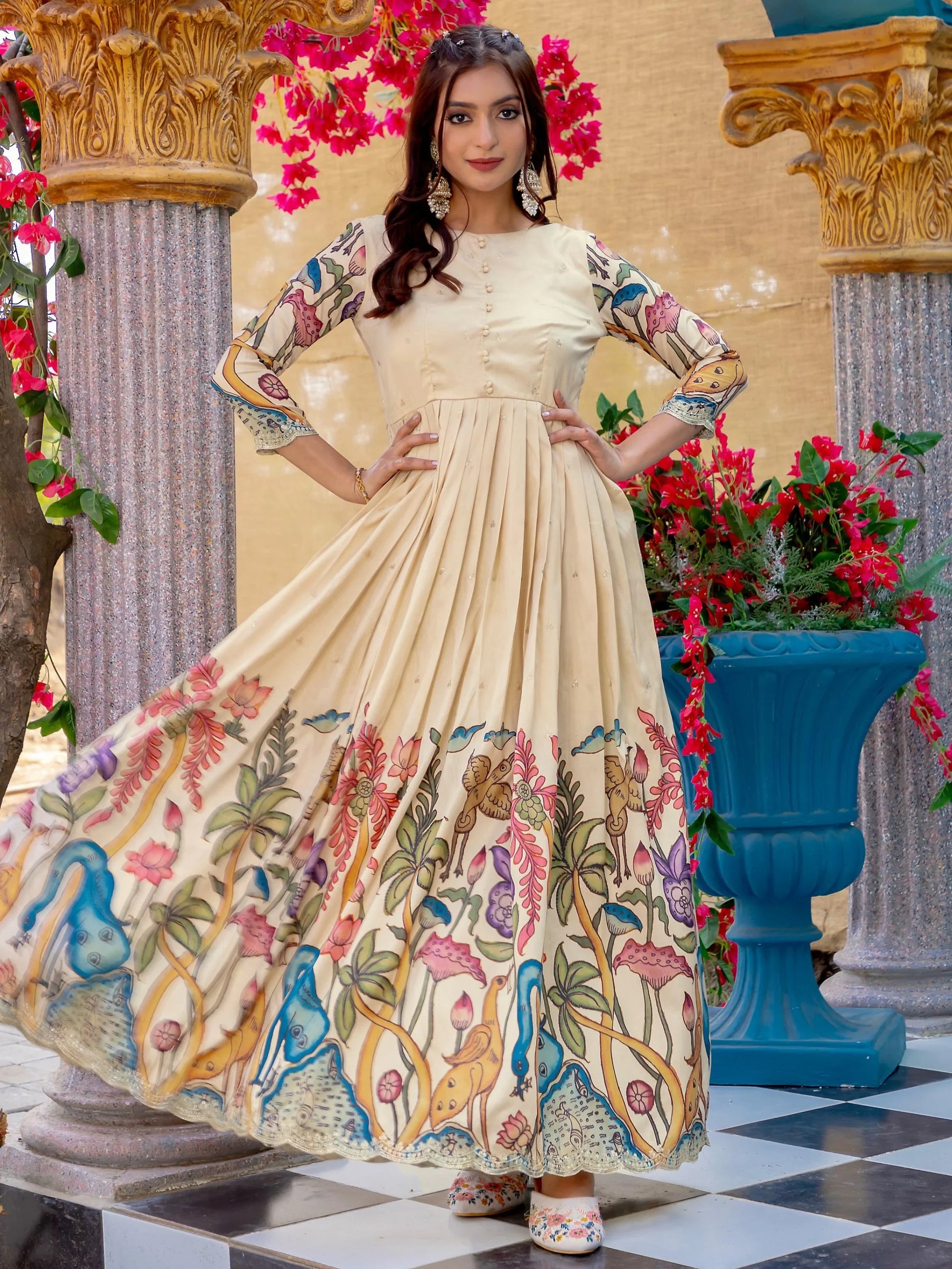 Fascinating Cream Digital Printed Silk Festive Wear Gown - Zeel Clothing