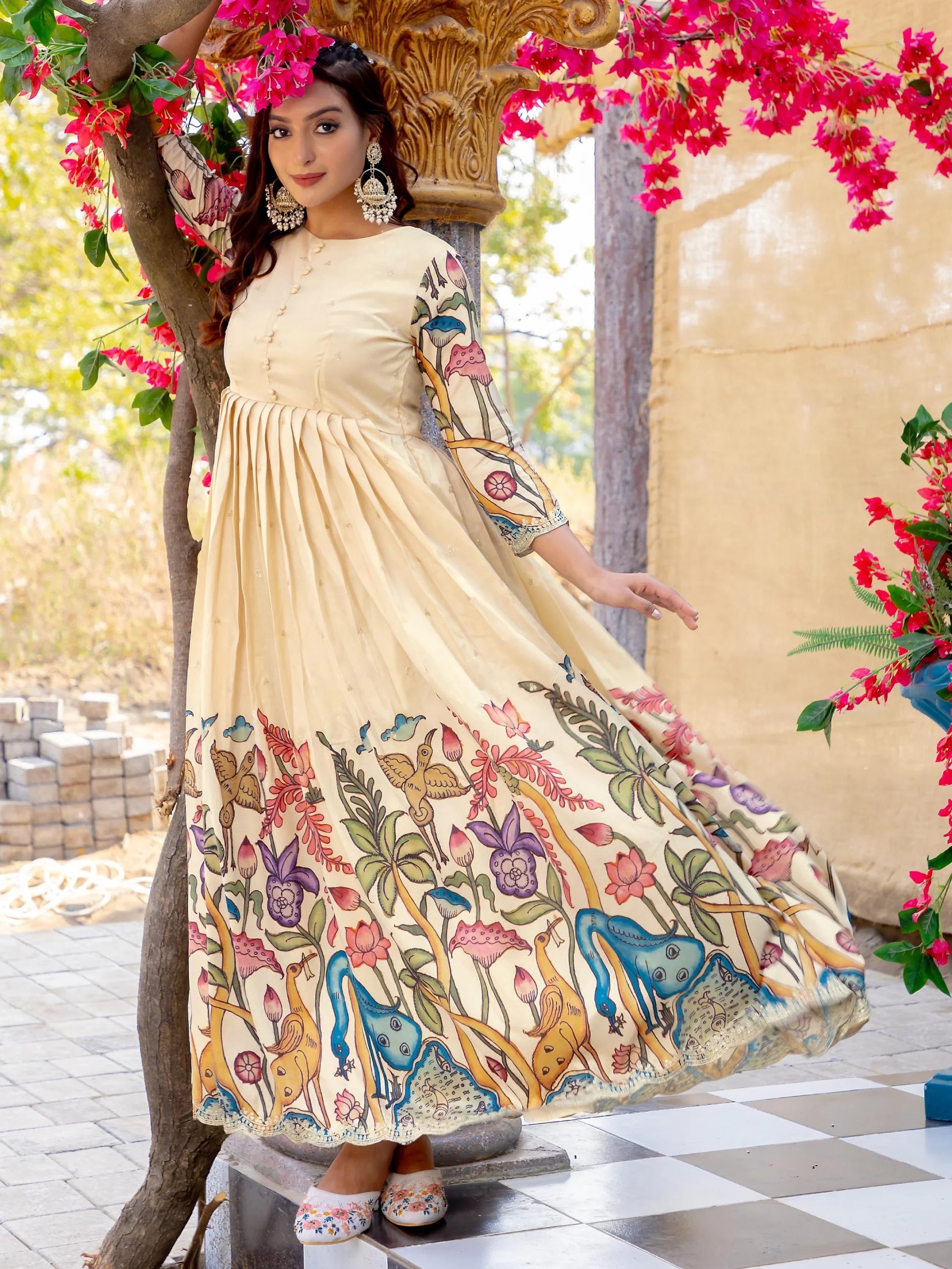 Fascinating Cream Digital Printed Silk Festive Wear Gown - Zeel Clothing