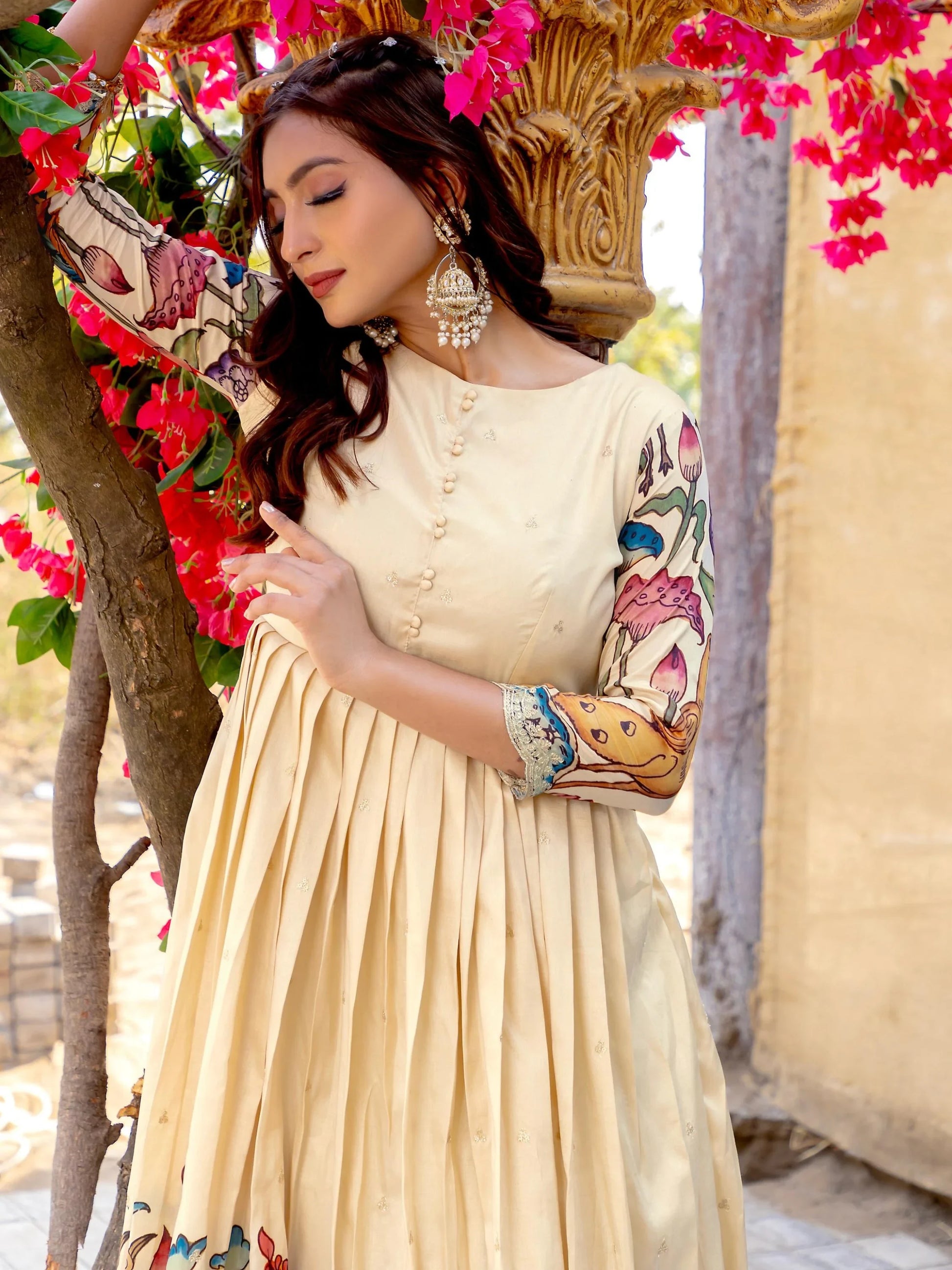 Fascinating Cream Digital Printed Silk Festive Wear Gown - Zeel Clothing