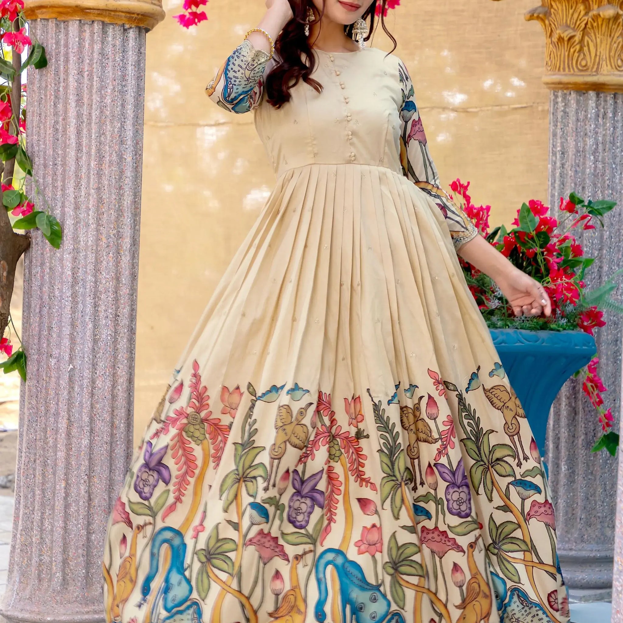 Fascinating Cream Digital Printed Silk Festive Wear Gown - Zeel Clothing