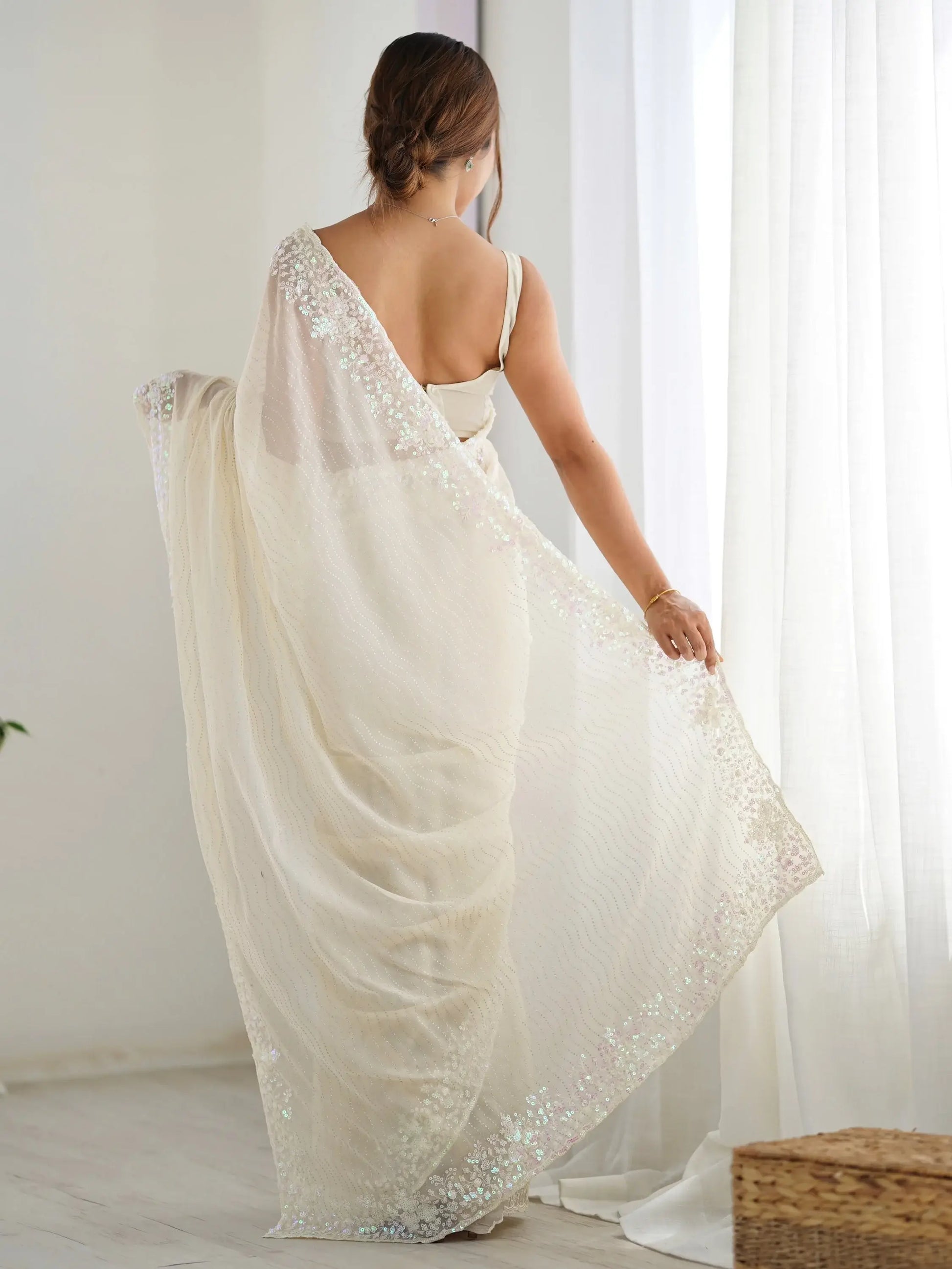 Fascinating Cream Sequins Georgette Event Wear Saree With Blouse - Zeel Clothing