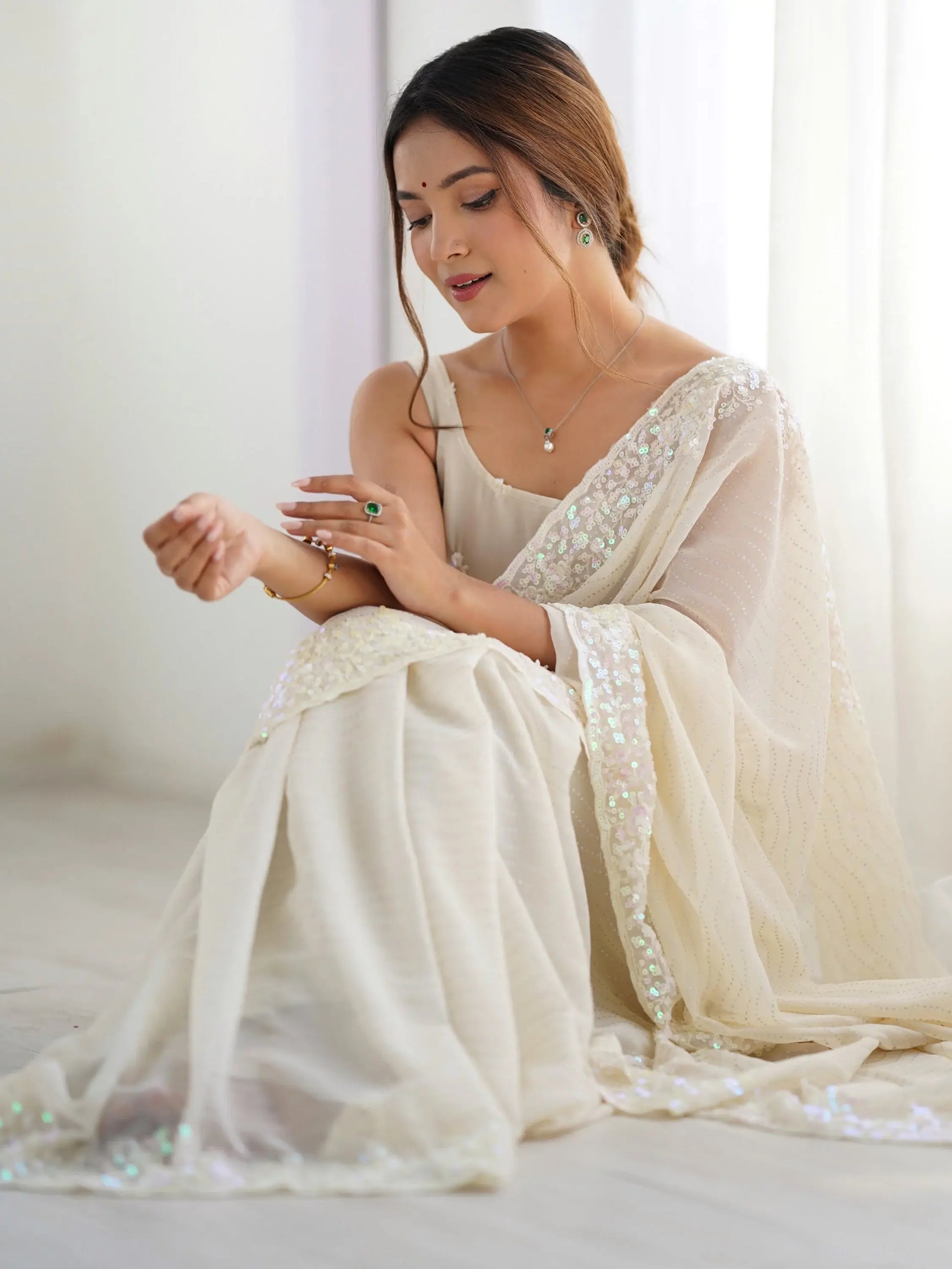 Fascinating Cream Sequins Georgette Event Wear Saree With Blouse - Zeel Clothing