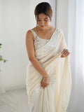 Fascinating Cream Sequins Georgette Event Wear Saree With Blouse - Zeel Clothing