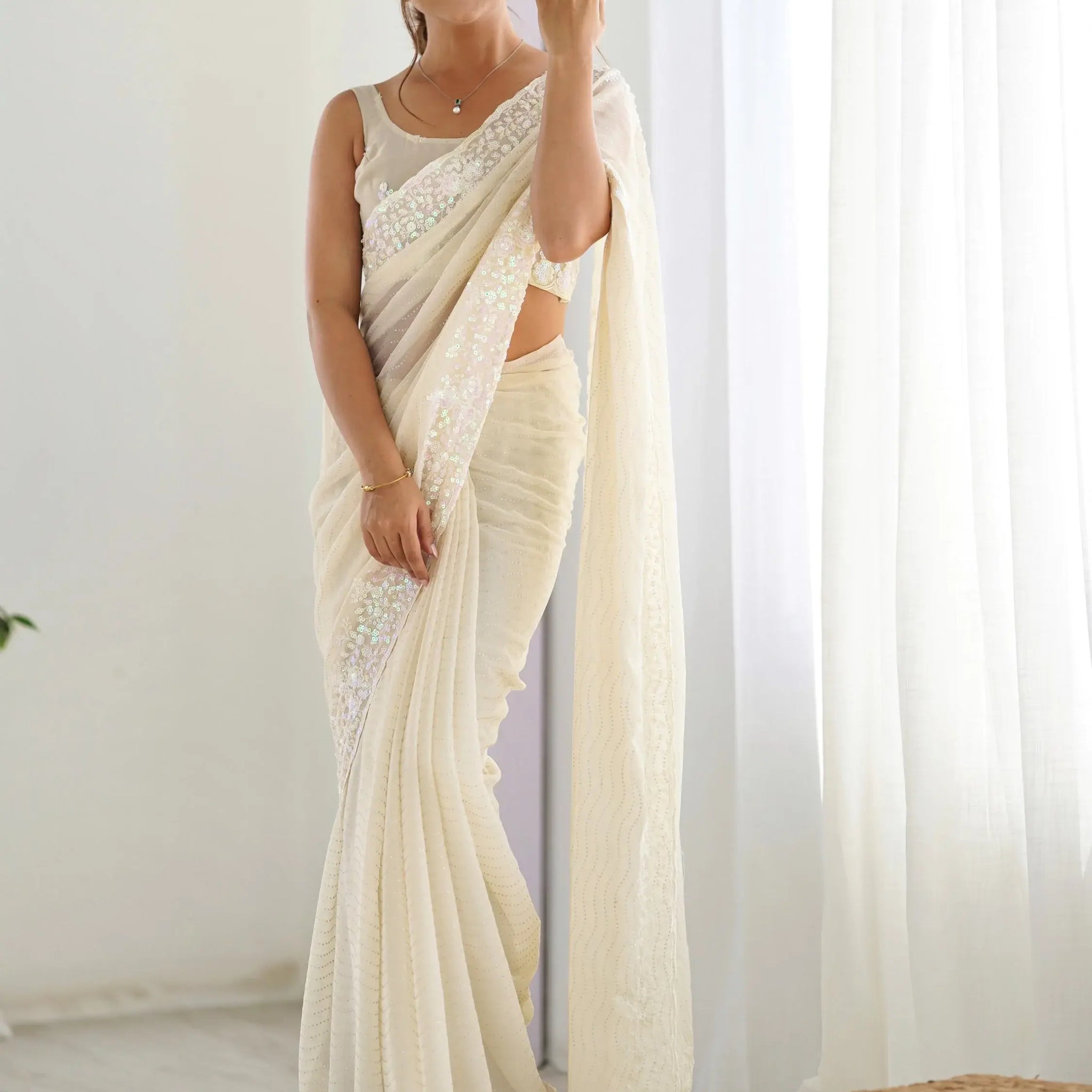 Fascinating Cream Sequins Georgette Event Wear Saree With Blouse - Zeel Clothing