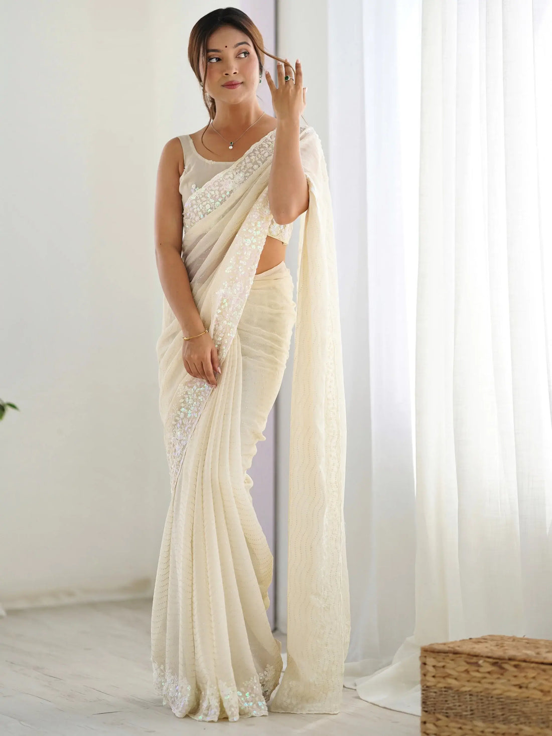 Fascinating Cream Sequins Georgette Event Wear Saree With Blouse - Zeel Clothing