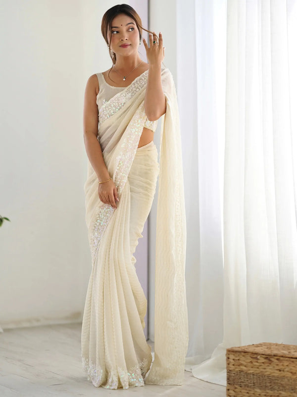 Fascinating Cream Sequins Georgette Event Wear Saree With Blouse - Zeel Clothing