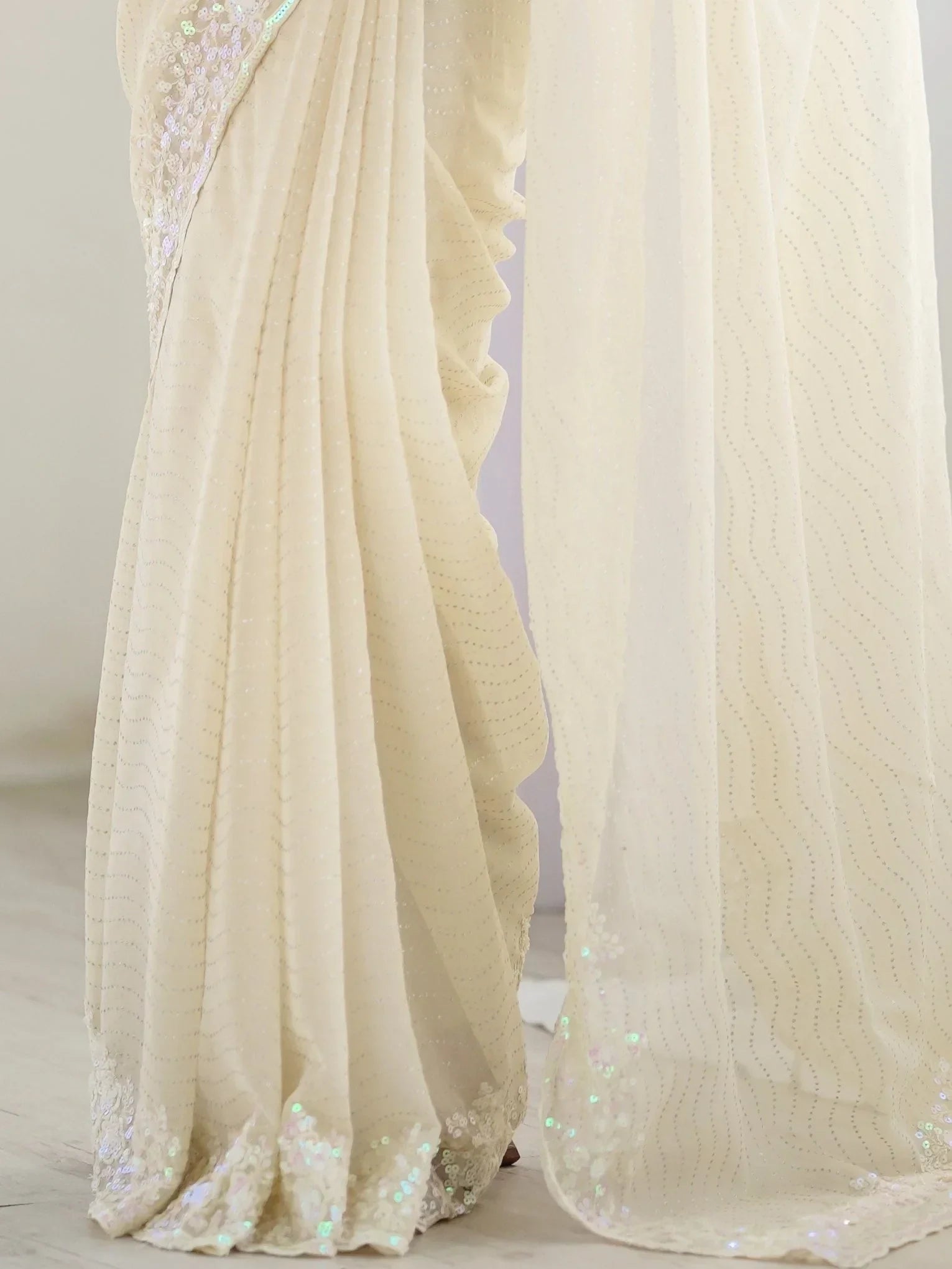 Fascinating Cream Sequins Georgette Event Wear Saree With Blouse - Zeel Clothing