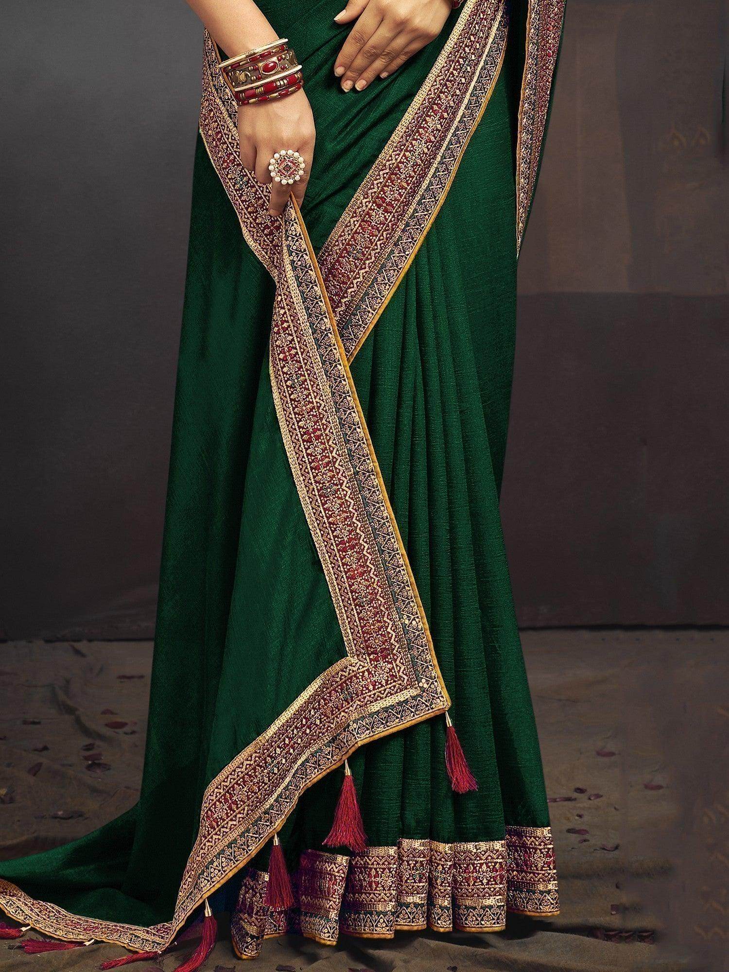 Fascinating Dark Green Heavy Border Silk Saree With Blouse - Zeel Clothing