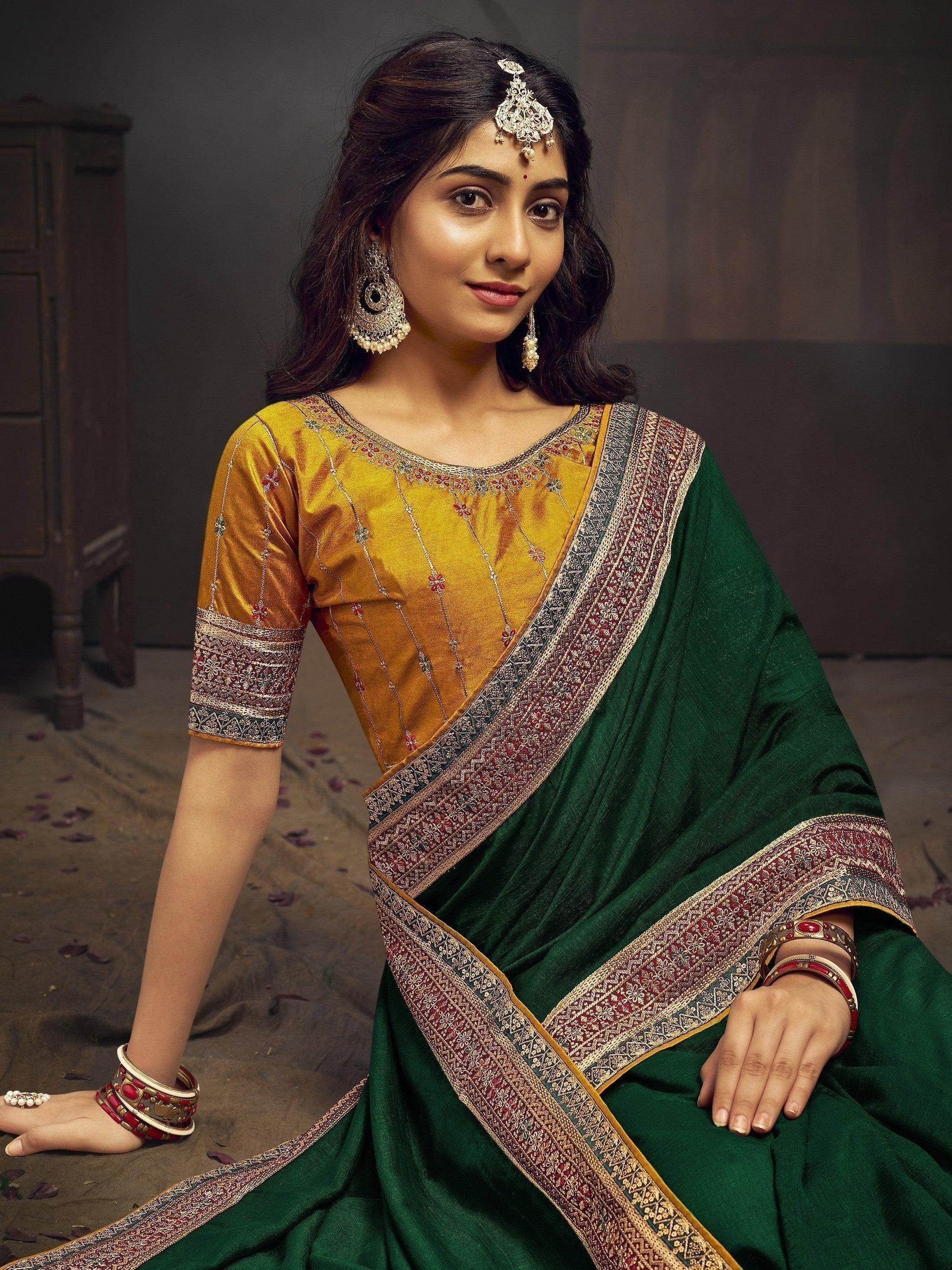 Fascinating Dark Green Heavy Border Silk Saree With Blouse - Zeel Clothing