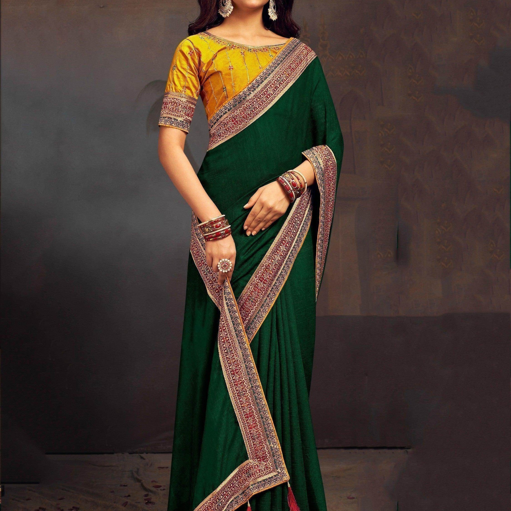 Fascinating Dark Green Heavy Border Silk Saree With Blouse - Zeel Clothing