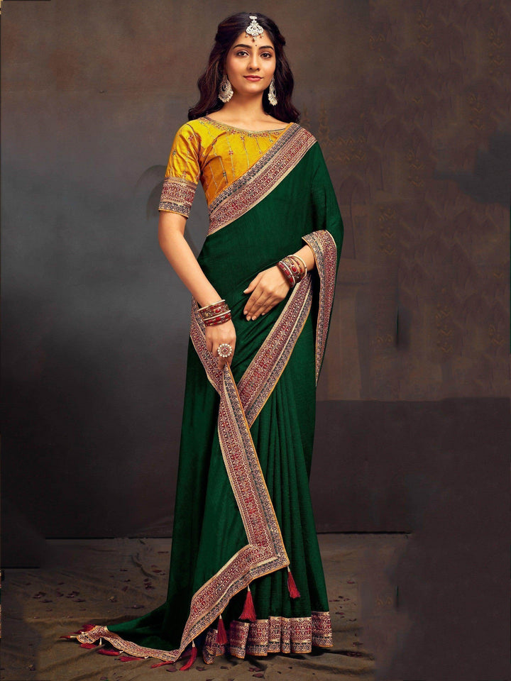 Fascinating Dark Green Heavy Border Silk Saree With Blouse - Zeel Clothing