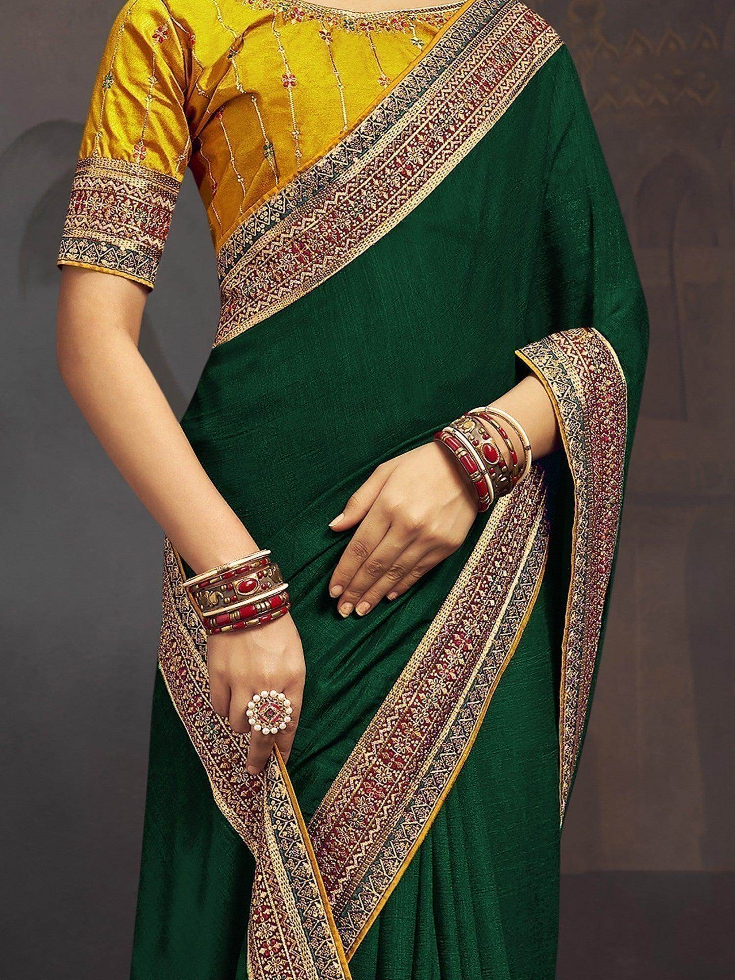 Fascinating Dark Green Heavy Border Silk Saree With Blouse - Zeel Clothing