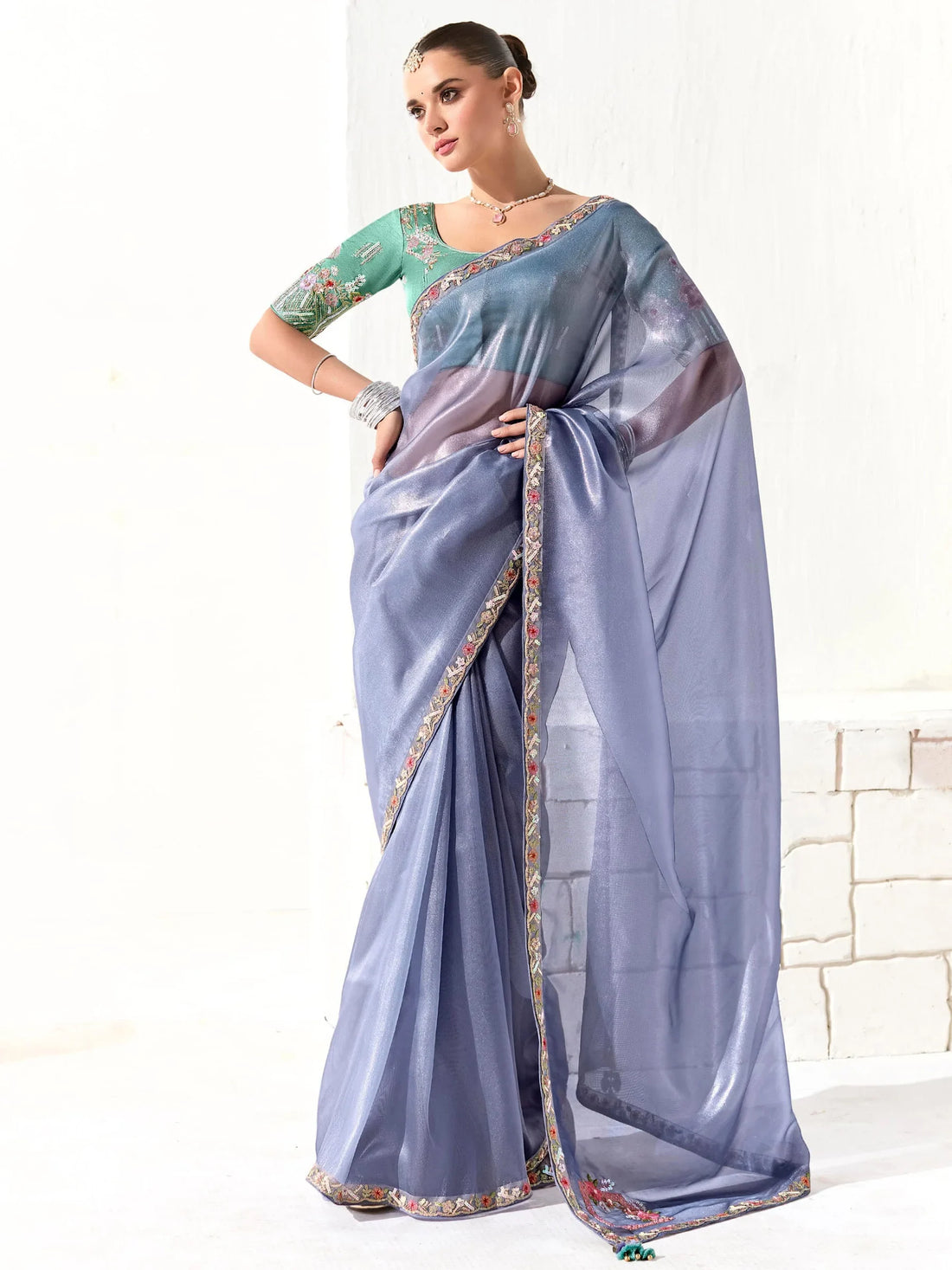 Fascinating Dusty Blue Border Work Tissue Silk Party Wear Saree - Zeel Clothing