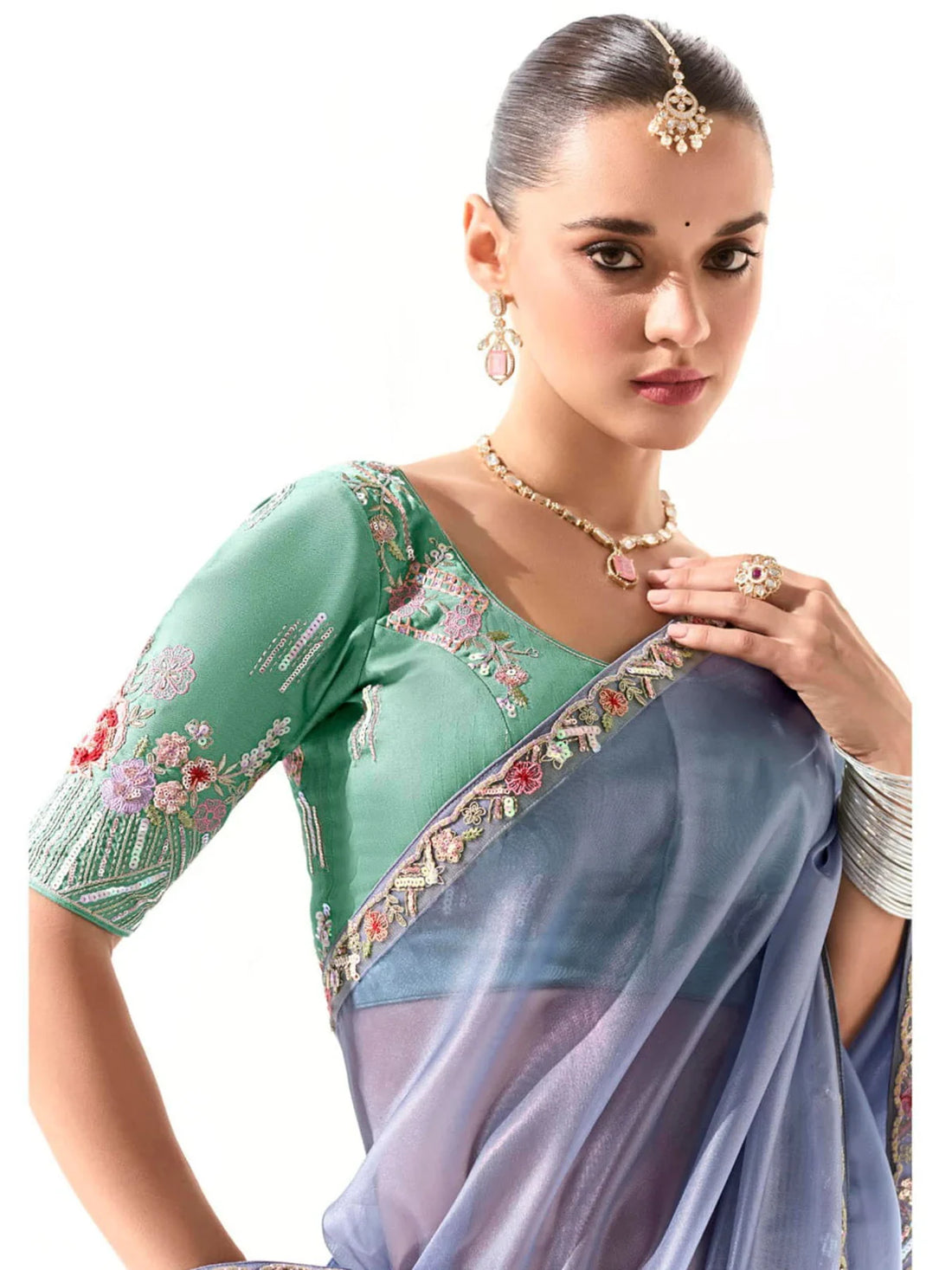 Fascinating Dusty Blue Border Work Tissue Silk Party Wear Saree - Zeel Clothing