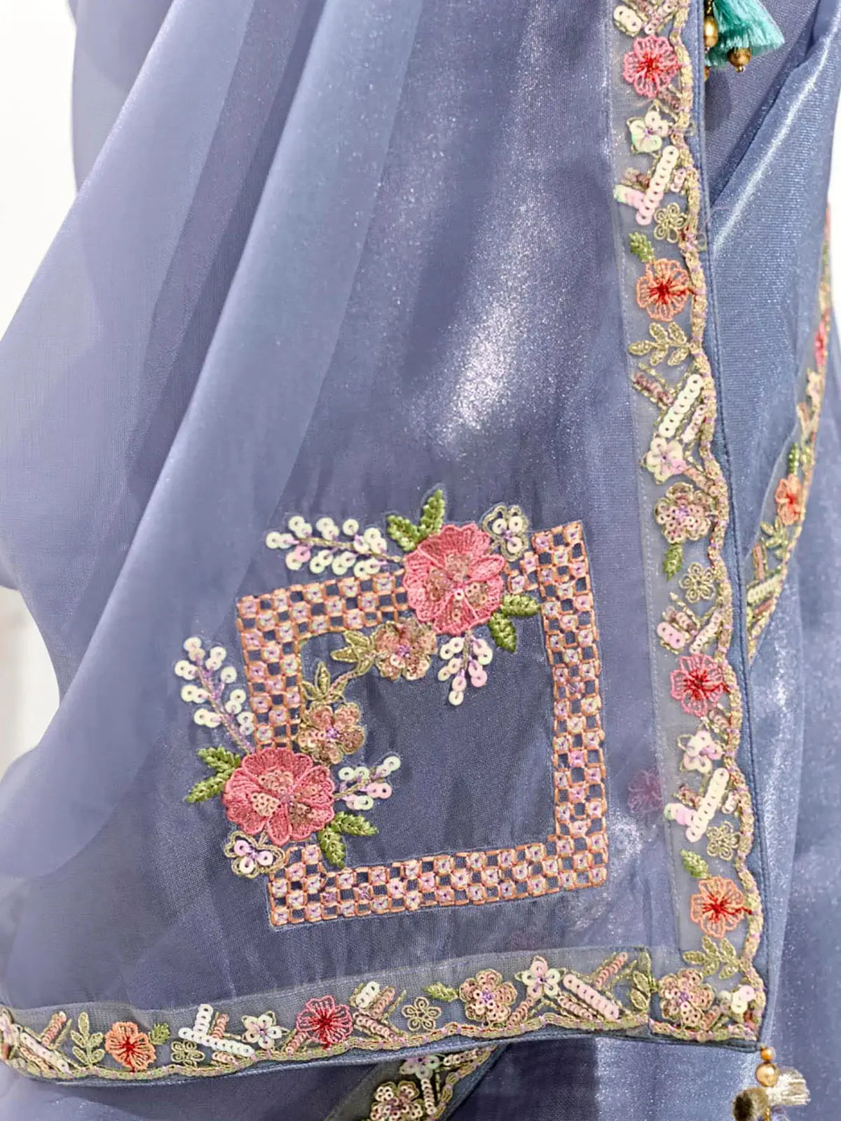 Fascinating Dusty Blue Border Work Tissue Silk Party Wear Saree - Zeel Clothing