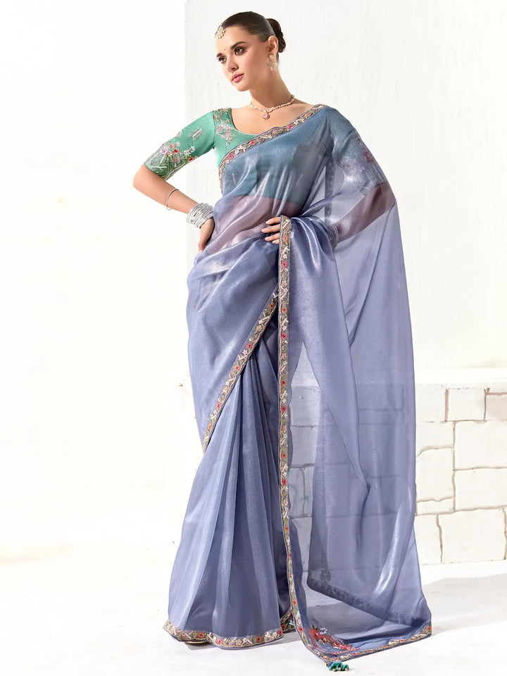 Fascinating Dusty Blue Border Work Tissue Silk Party Wear Saree - Zeel Clothing