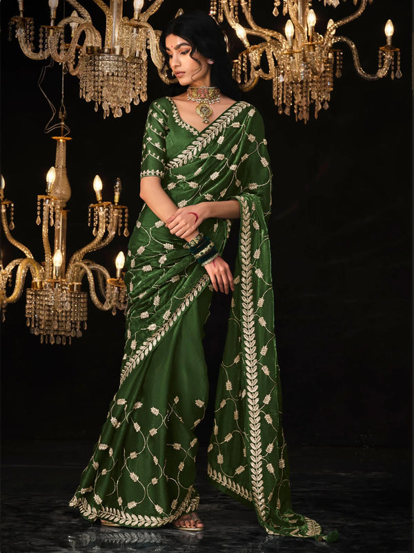 Fascinating Green Embroidered Tissue Silk Mehendi Wear Saree - Zeel Clothing