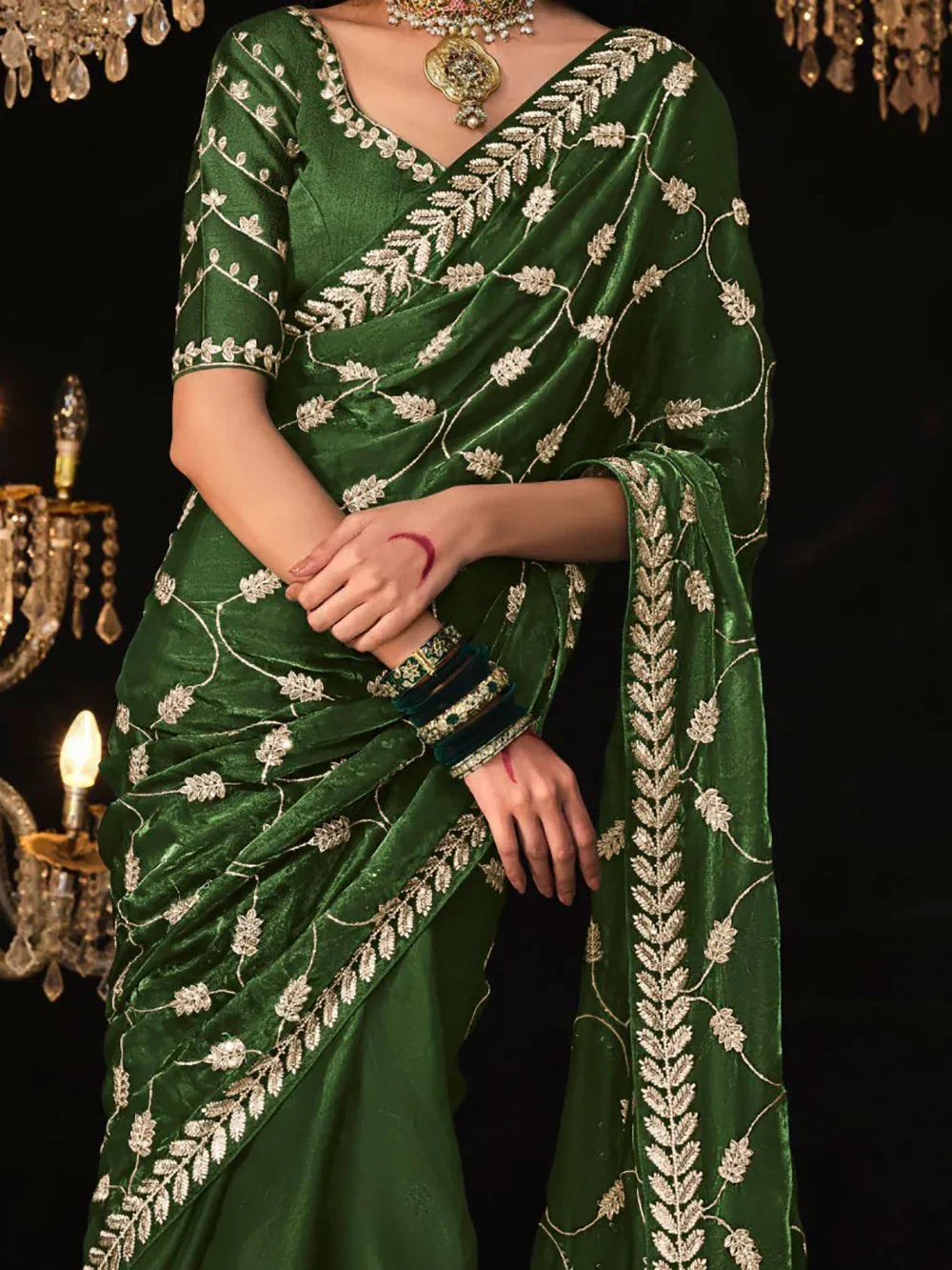 Fascinating Green Embroidered Tissue Silk Mehendi Wear Saree - Zeel Clothing