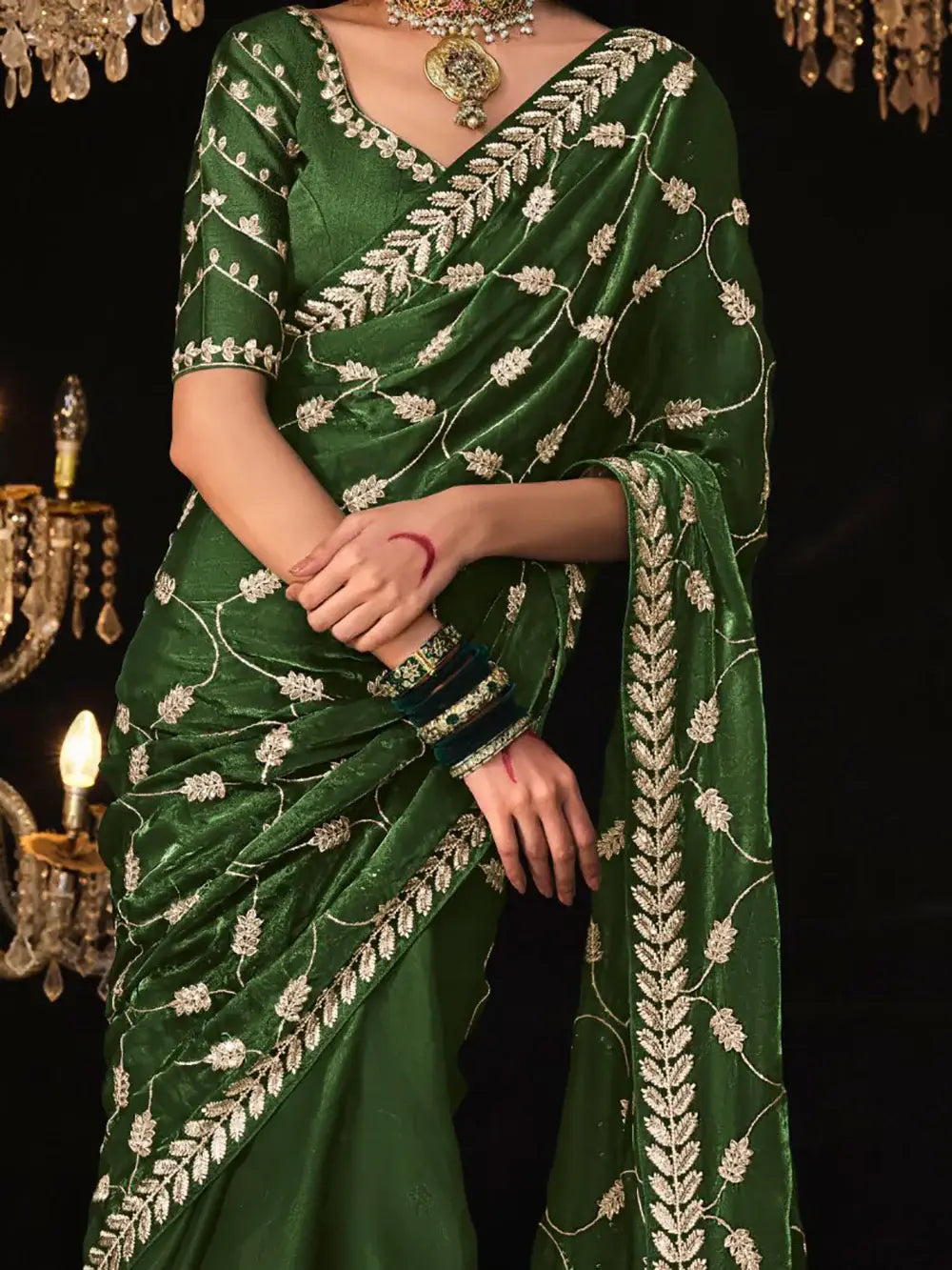 Fascinating Green Embroidered Tissue Silk Mehendi Wear Saree - Zeel Clothing