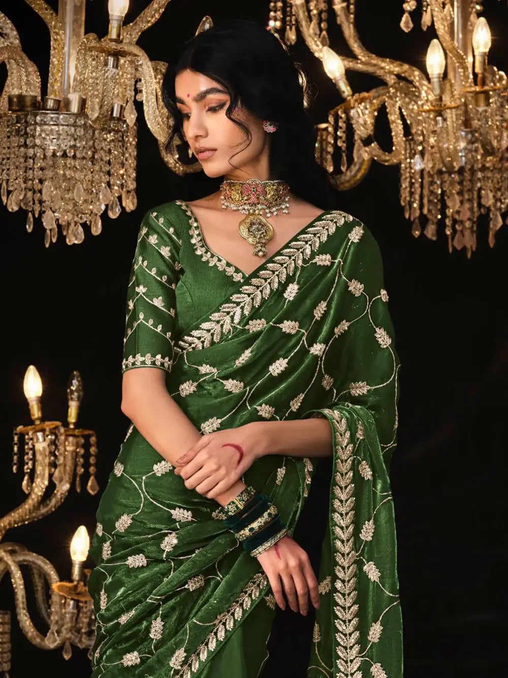 Fascinating Green Embroidered Tissue Silk Mehendi Wear Saree - Zeel Clothing