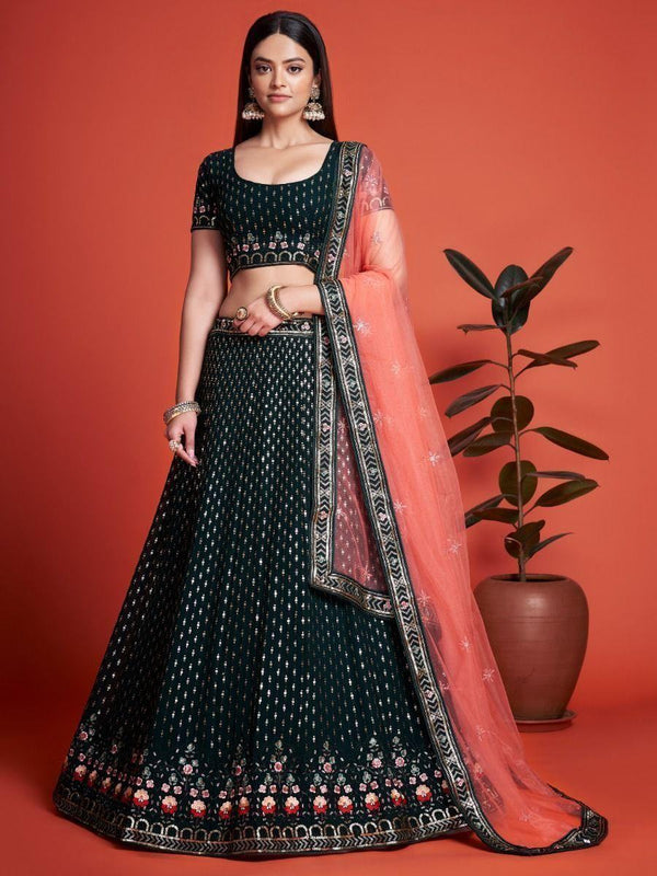 Fascinating Green Embroidery Georgette  Wedding Wear Lehenga Choli