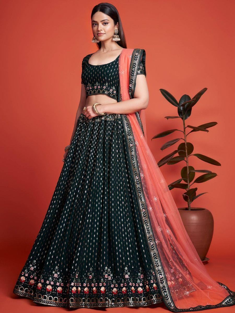 Fascinating Green Embroidery Georgette  Wedding Wear Lehenga Choli