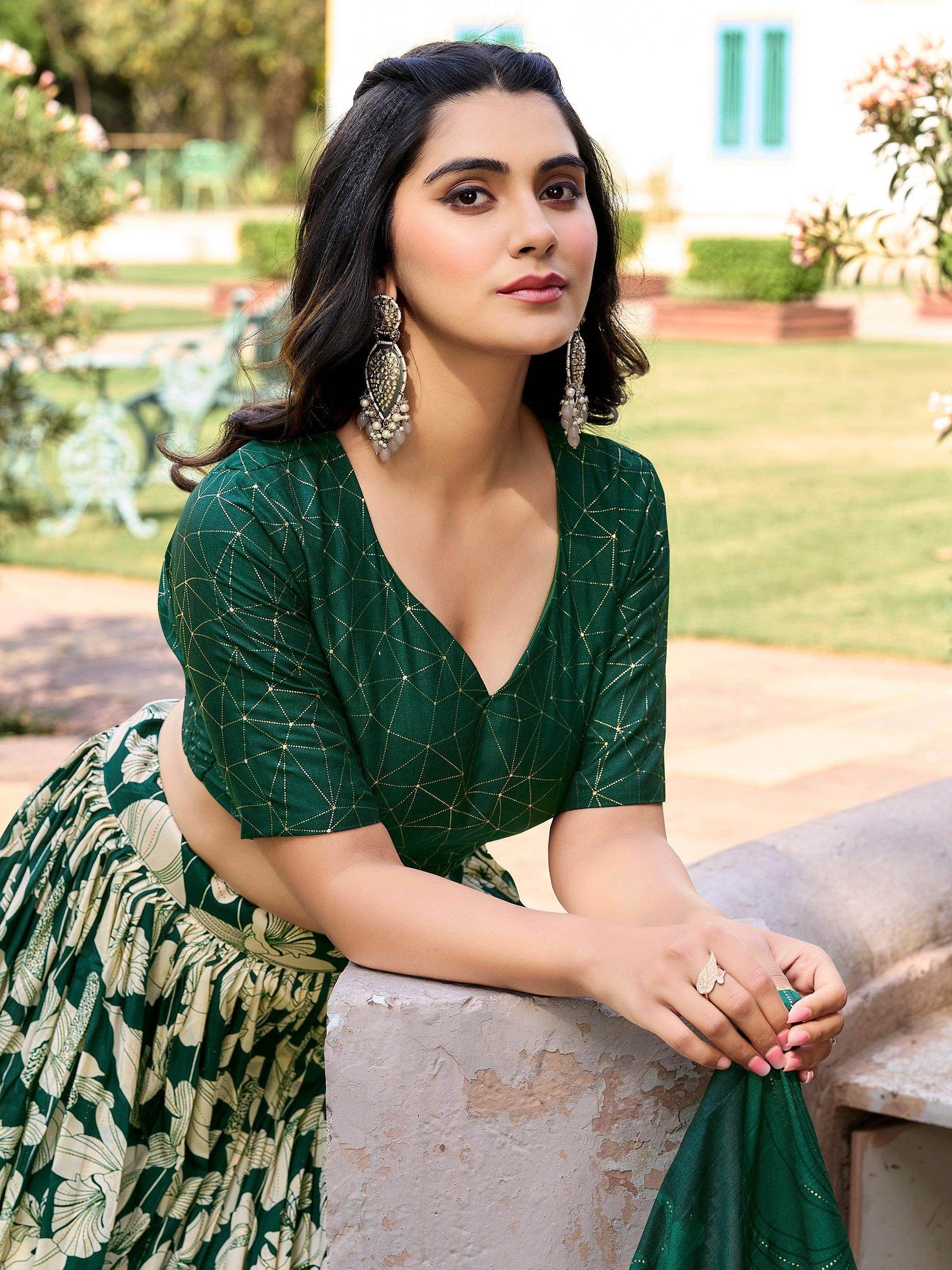 Fascinating Green Floral Printed Tussar Silk Lehenga Choli With Dupatta - Zeel Clothing