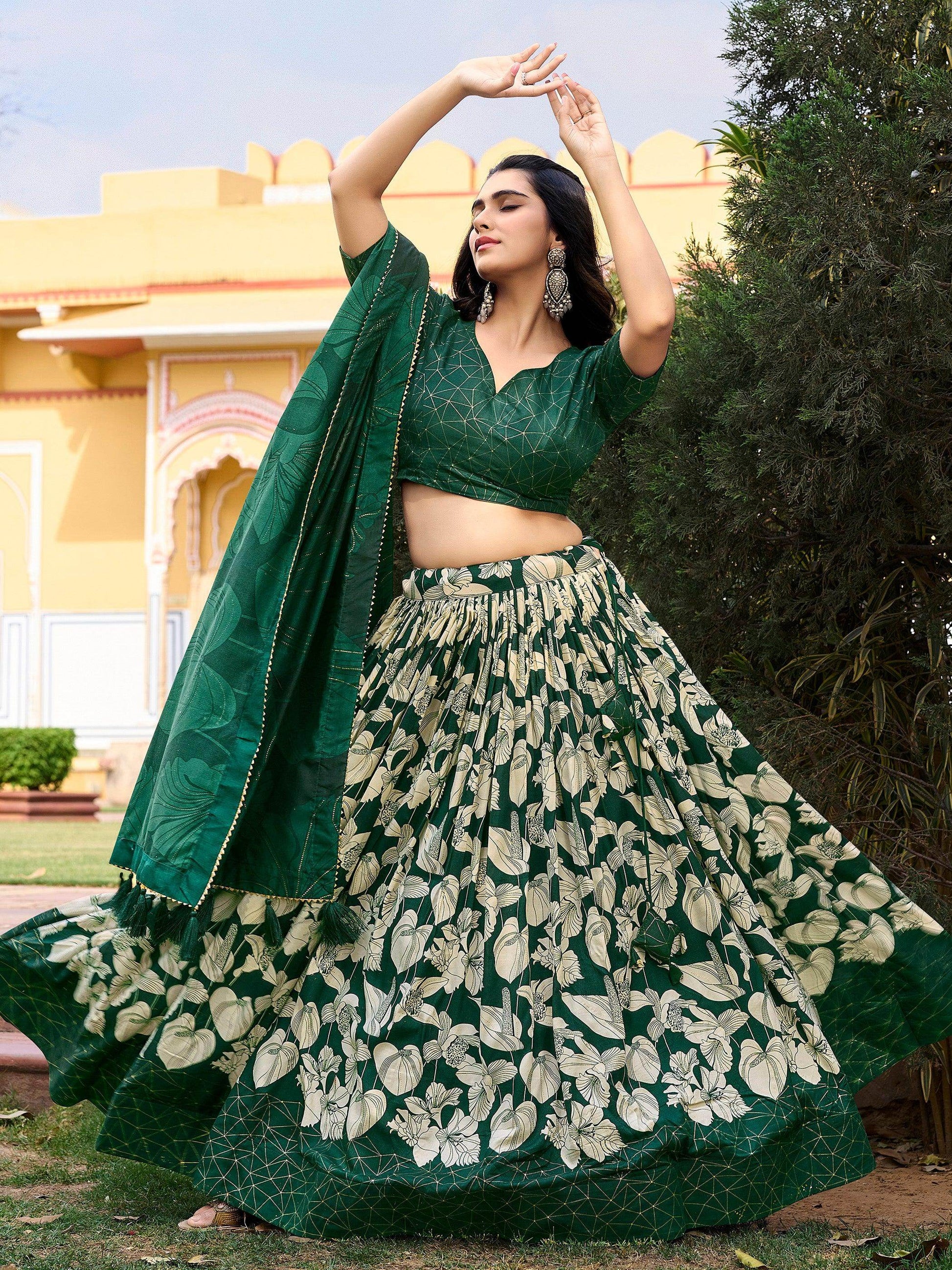 Fascinating Green Floral Printed Tussar Silk Lehenga Choli With Dupatta - Zeel Clothing