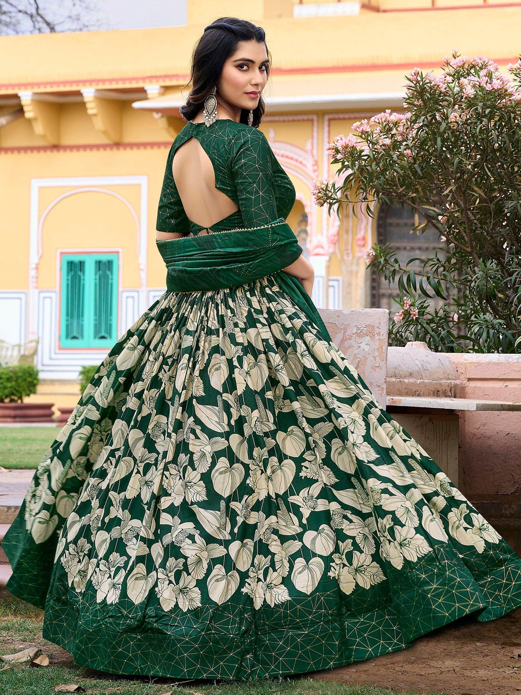 Fascinating Green Floral Printed Tussar Silk Lehenga Choli With Dupatta - Zeel Clothing