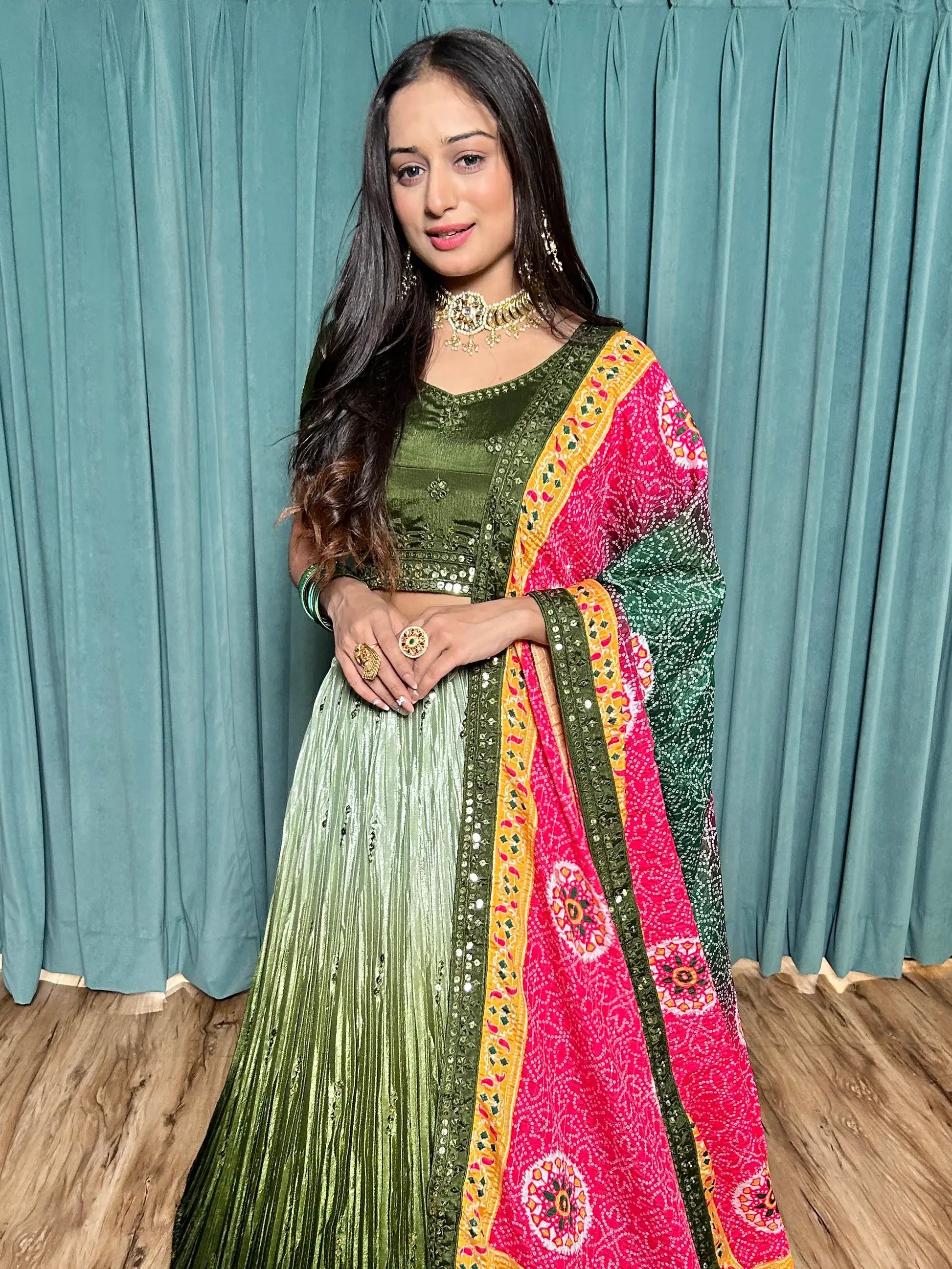 Fascinating Green Sequins Chinon Sangeet Wear Lehenga Choli - Zeel Clothing