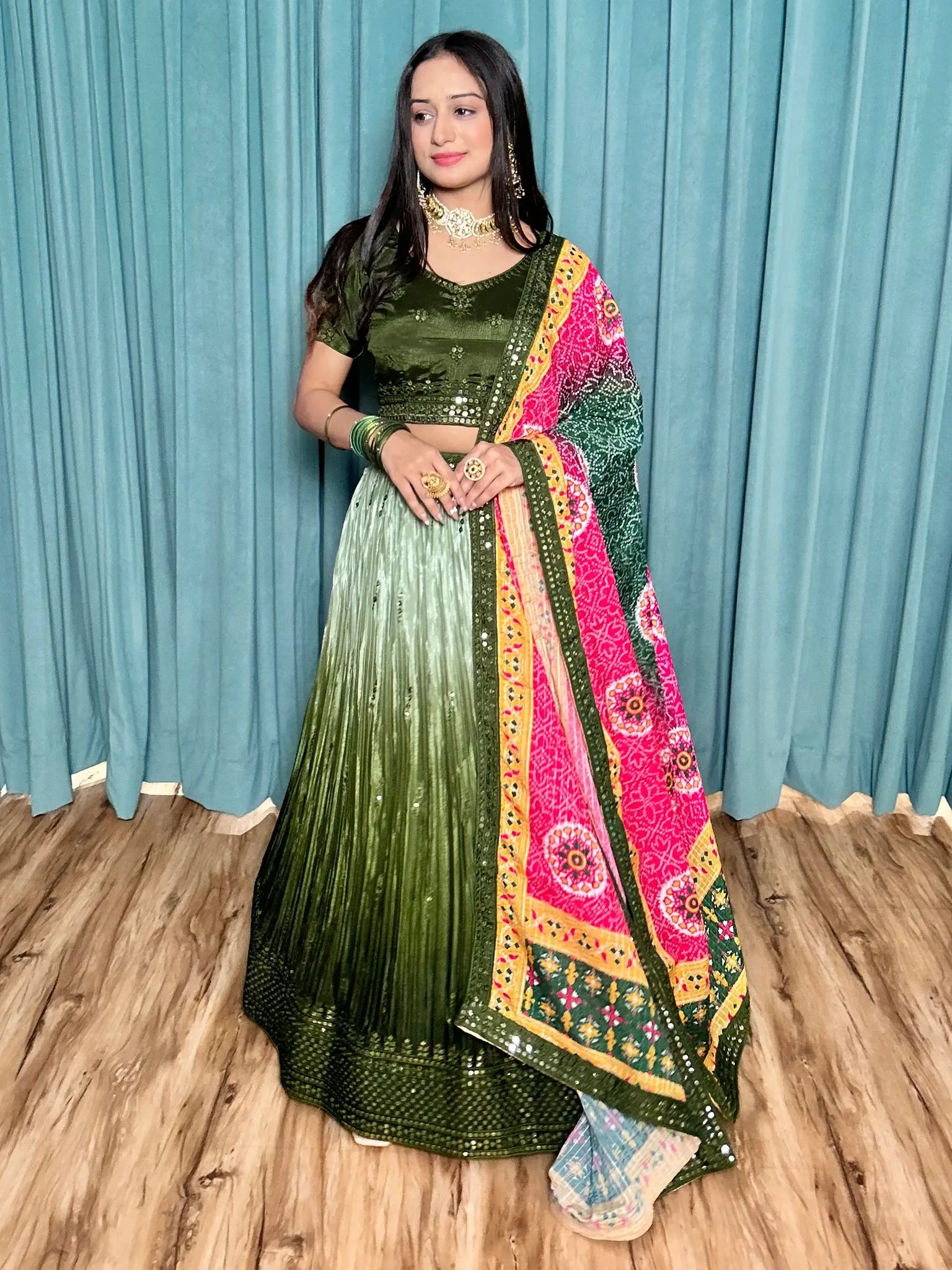 Fascinating Green Sequins Chinon Sangeet Wear Lehenga Choli - Zeel Clothing