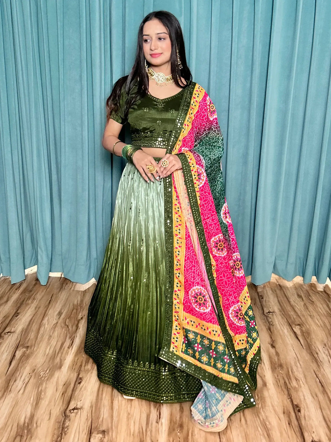 Fascinating Green Sequins Chinon Sangeet Wear Lehenga Choli - Zeel Clothing