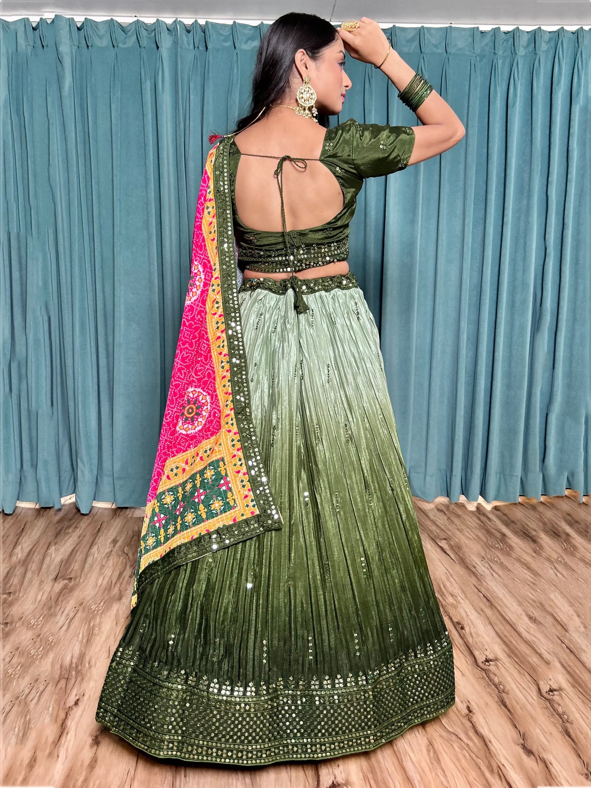 Fascinating Green Sequins Chinon Sangeet Wear Lehenga Choli - Zeel Clothing