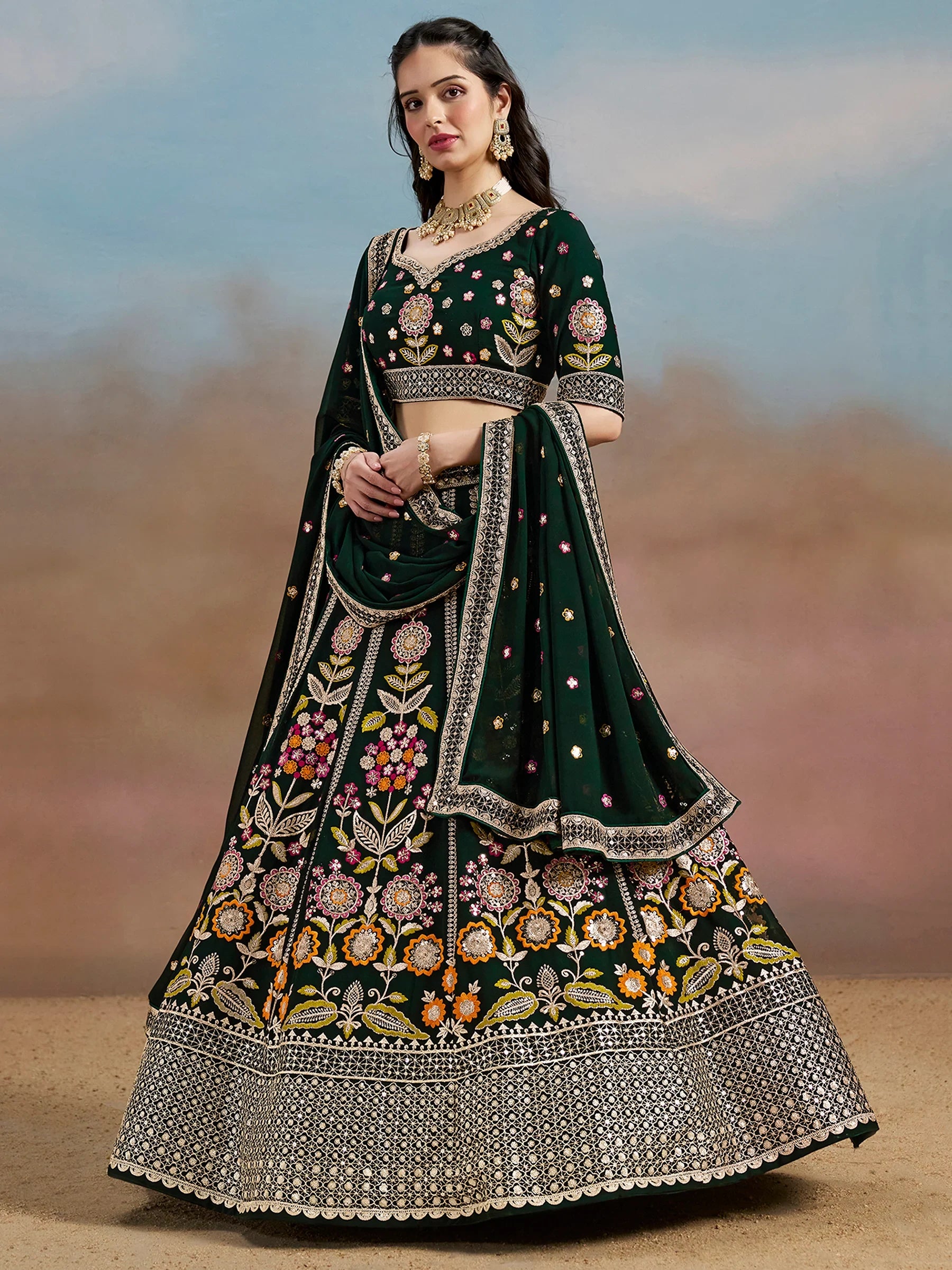 Fascinating Green Sequins Georgette Mehendi Wear Lehenga Choli - Zeel Clothing