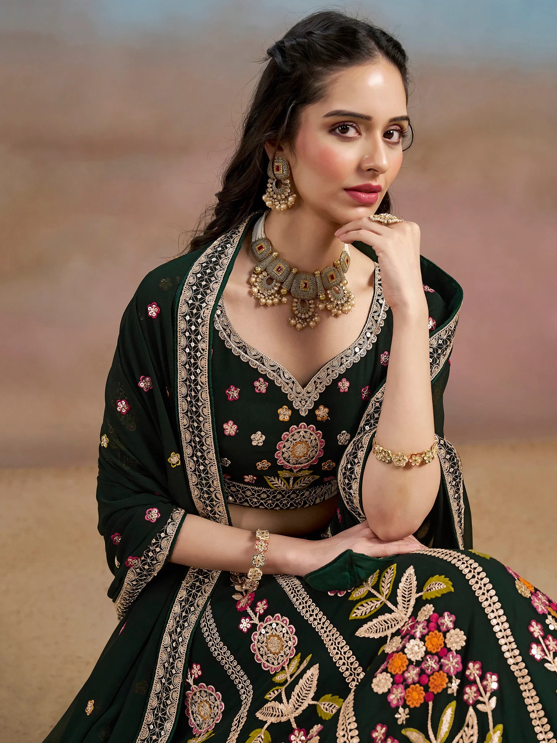 Fascinating Green Sequins Georgette Mehendi Wear Lehenga Choli - Zeel Clothing