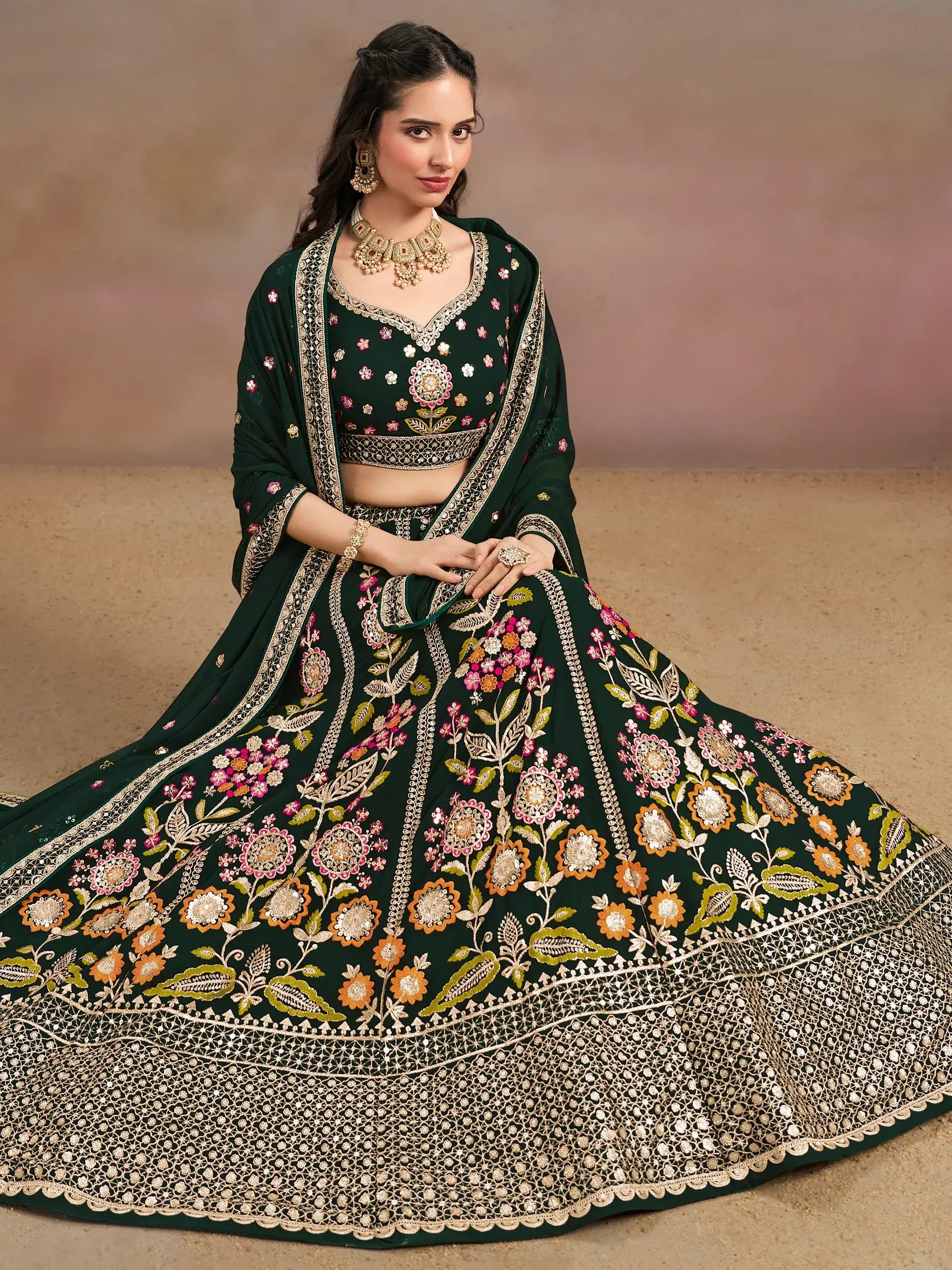 Fascinating Green Sequins Georgette Mehendi Wear Lehenga Choli - Zeel Clothing