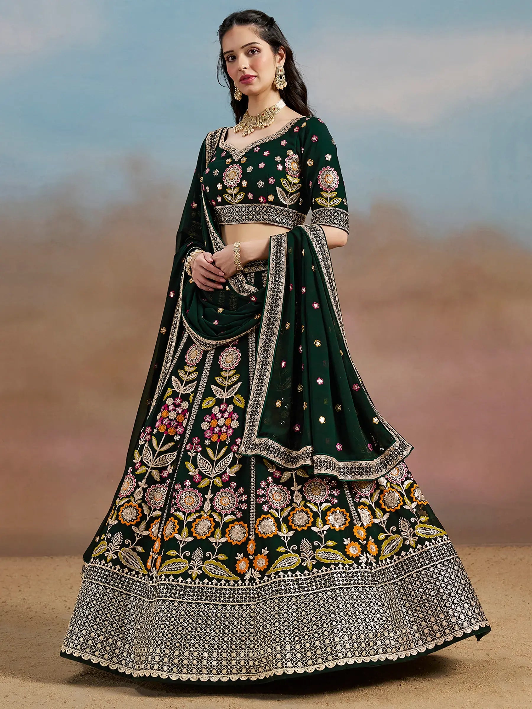 Fascinating Green Sequins Georgette Mehendi Wear Lehenga Choli - Zeel Clothing
