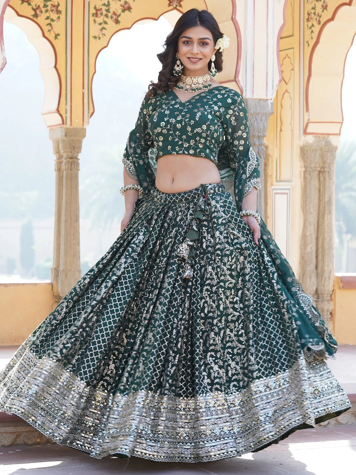Fascinating Green Sequins Jacquard Wedding Wear Lehenga Choli