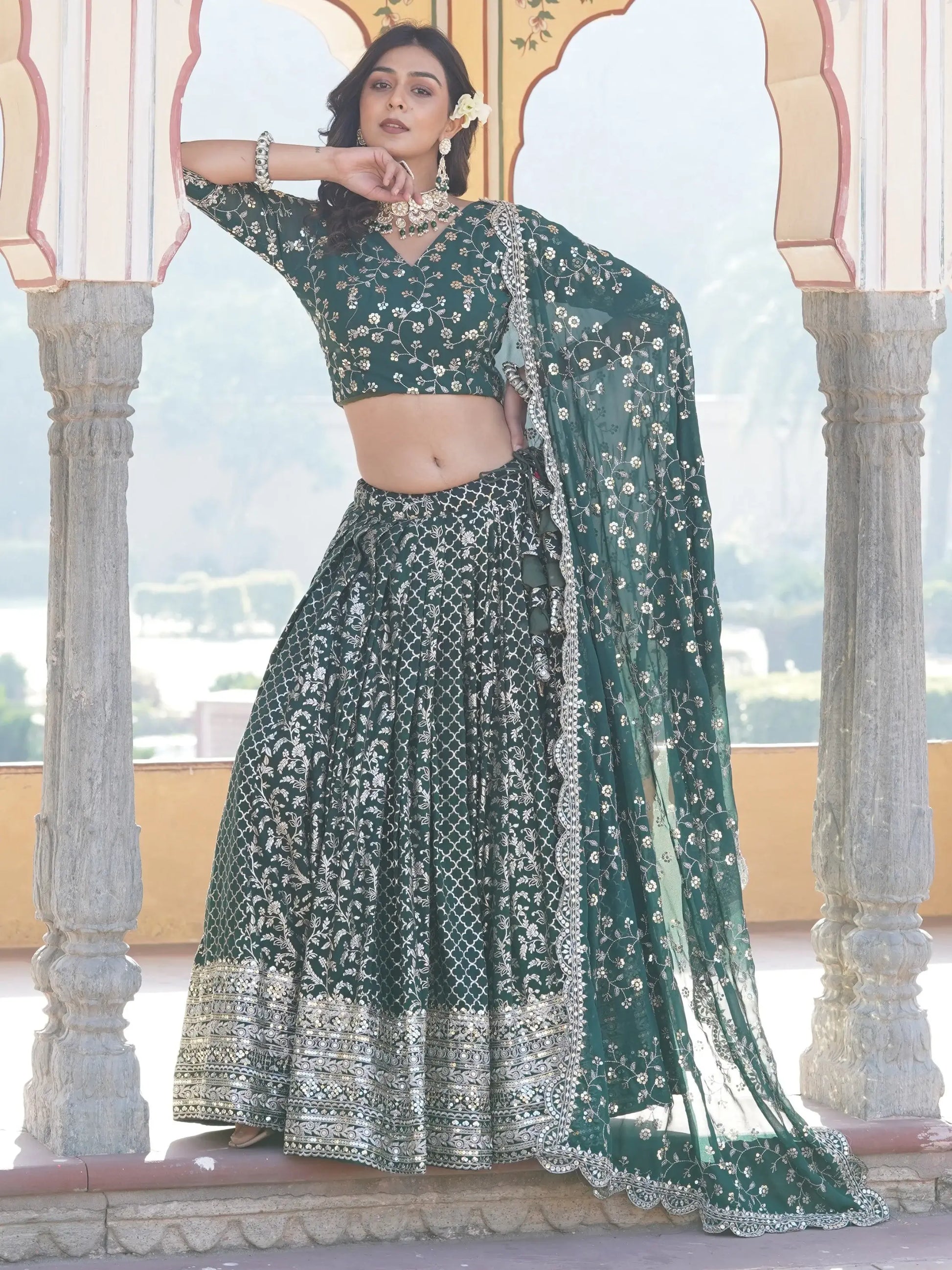 Fascinating Green Sequins Jacquard Wedding Wear Lehenga Choli - Zeel Clothing
