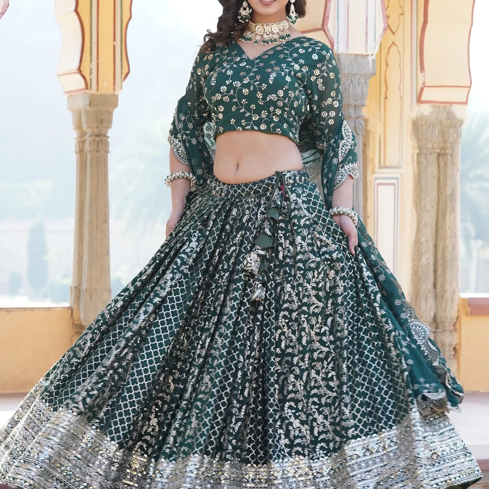 Fascinating Green Sequins Jacquard Wedding Wear Lehenga Choli - Zeel Clothing