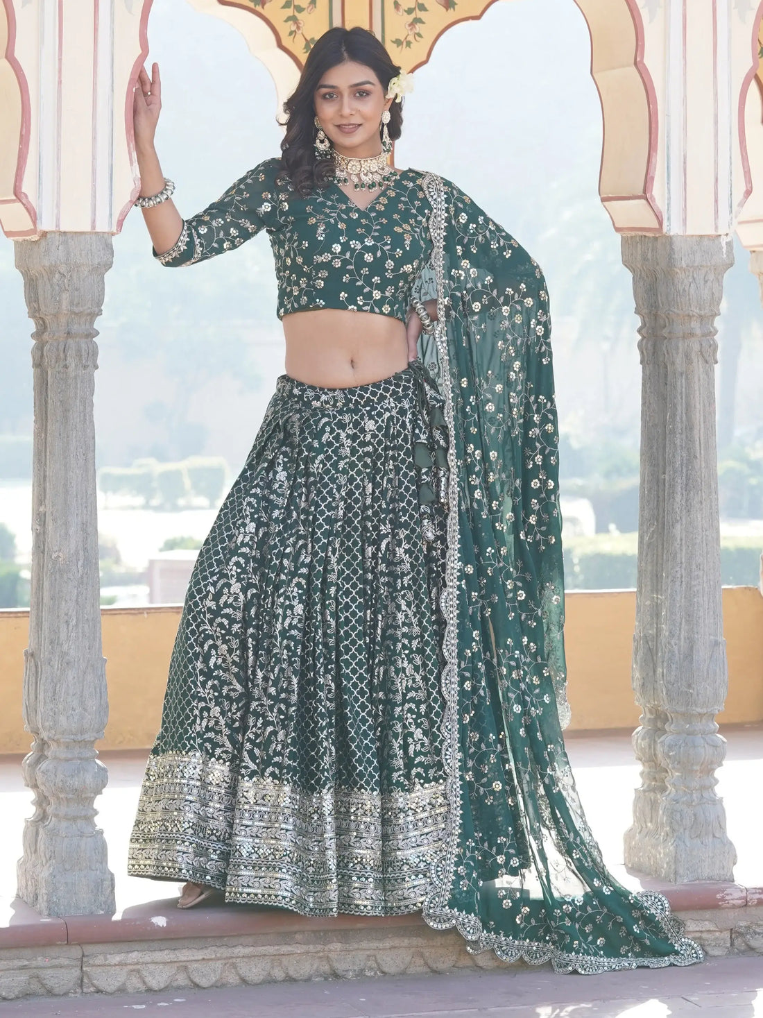 Fascinating Green Sequins Jacquard Wedding Wear Lehenga Choli - Zeel Clothing