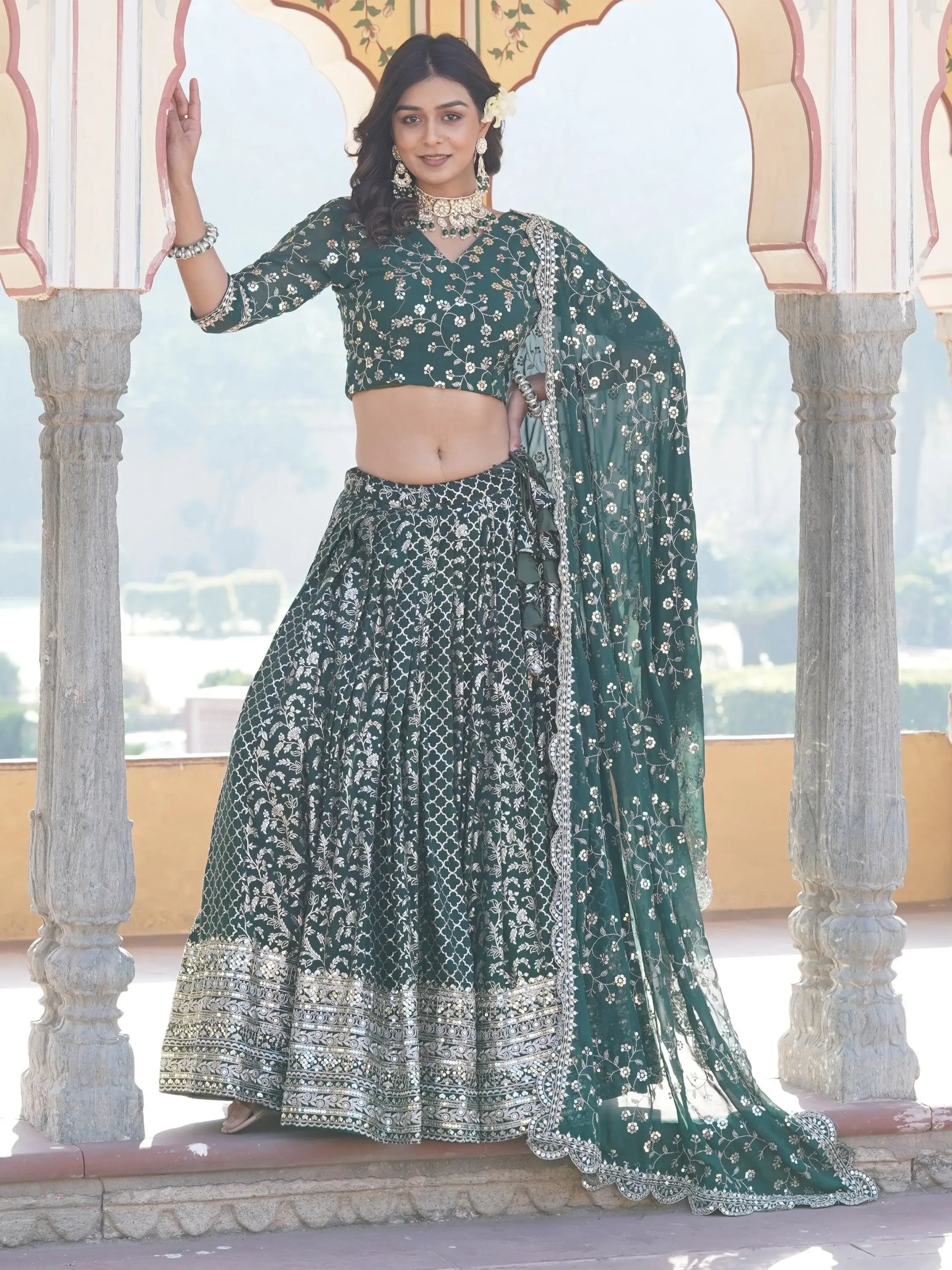Fascinating Green Sequins Jacquard Wedding Wear Lehenga Choli - Zeel Clothing