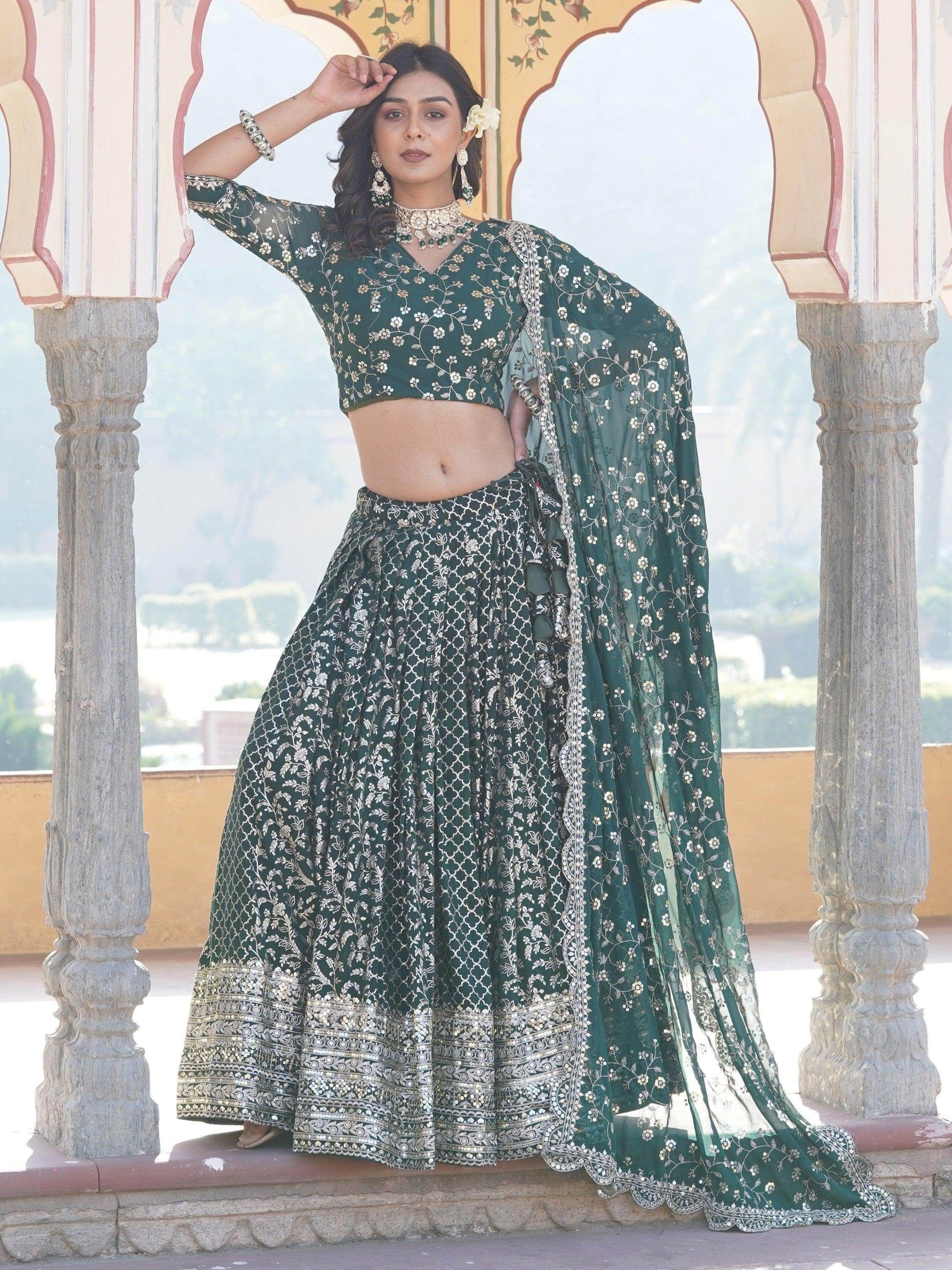 Fascinating Green Sequins Jacquard Wedding Wear Lehenga Choli - Zeel Clothing